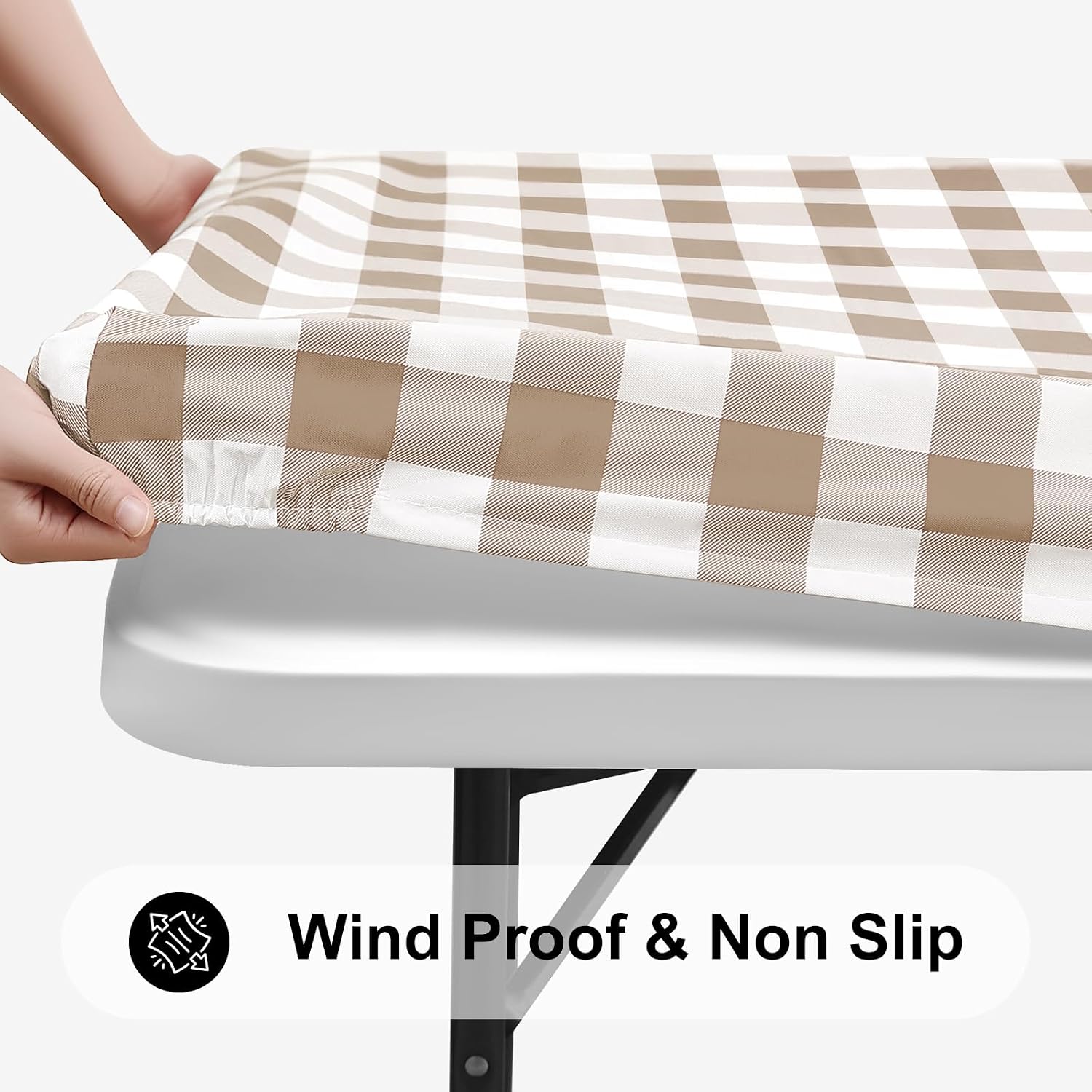 Detalle de Smiry Square Picnic Table Cloth, Elastic Waterproof Fitted Vinyl with Flannel Backing – 54" x 54" (White/Khaki)