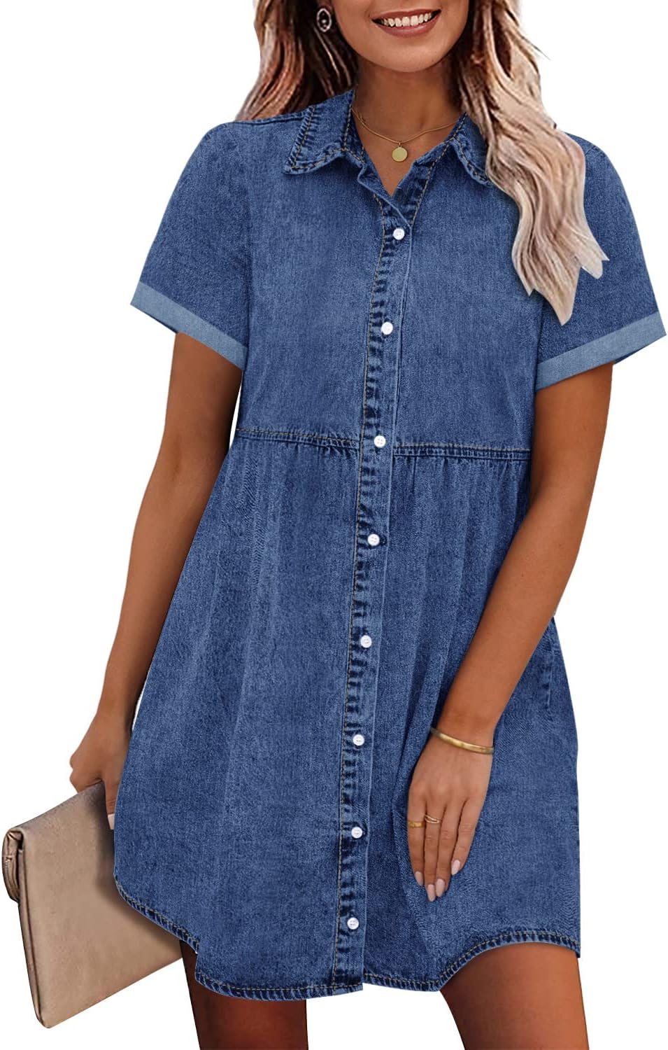 Detalle de GRAPENT Denim Babydoll Dress, Sizes Up to XXL