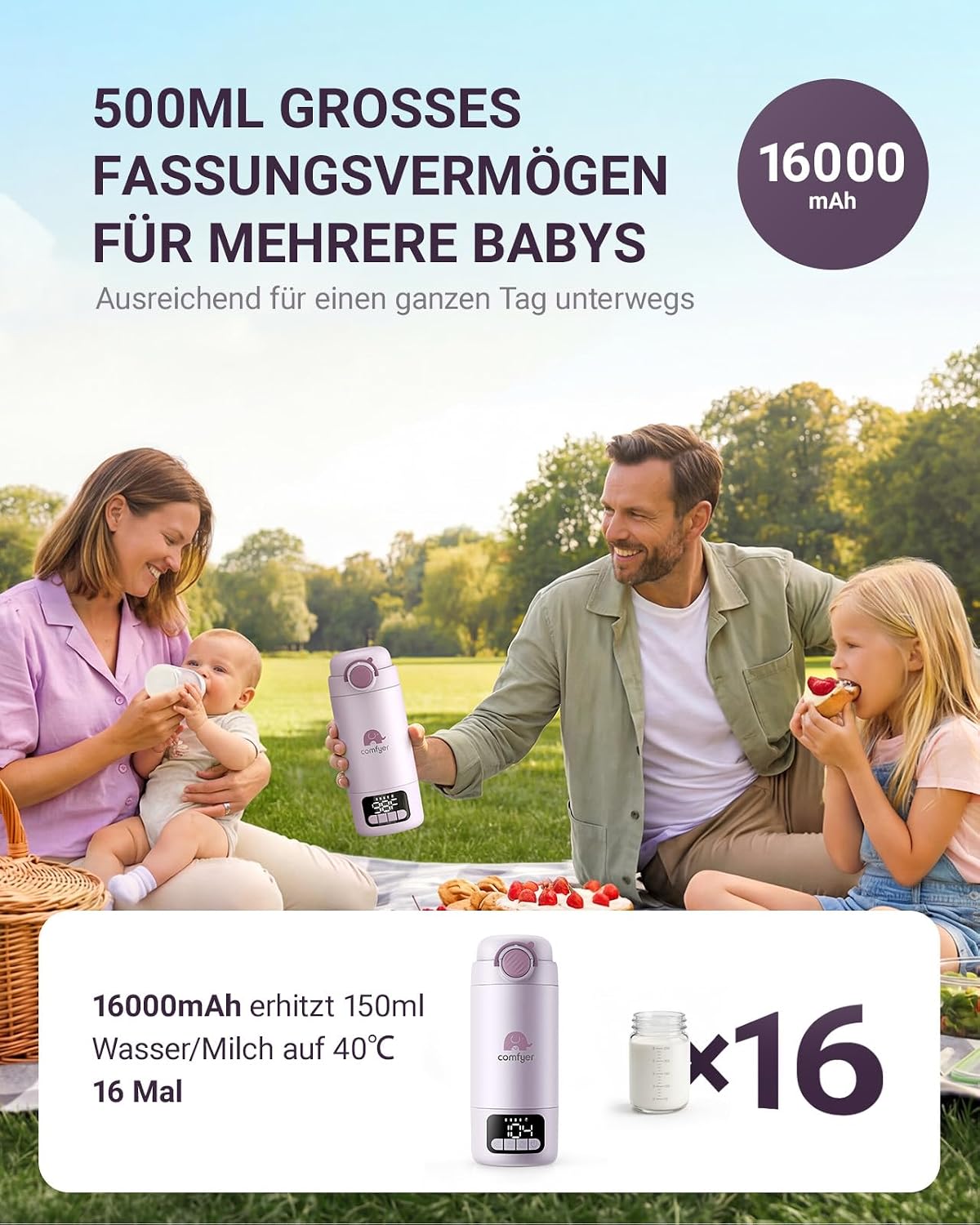 Thumbnail 1 de Comfyer BW02 Upgrade: Tragbarer Flaschenwärmer mit 16000 mAh Akku, integrierter Sterilisator und 500 ml Kapazität