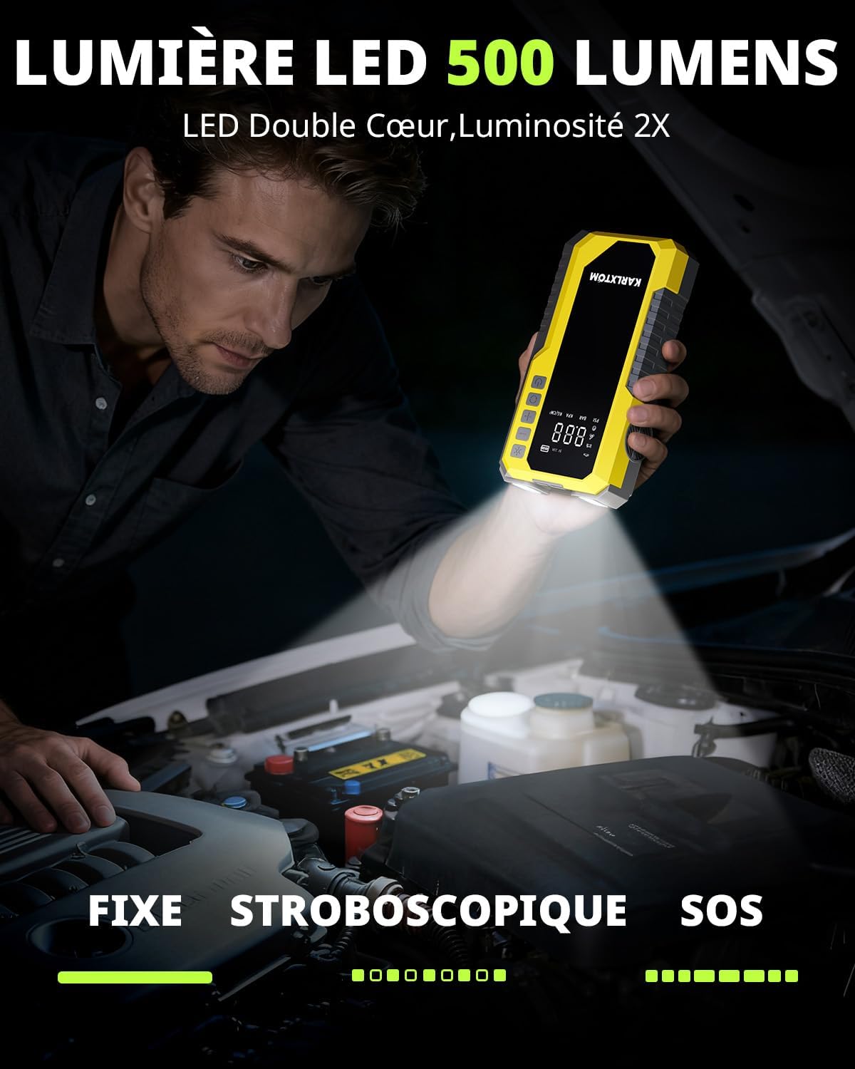 Thumbnail 4 de Karlxtom Booster Batterie Voiture 12V avec gonfleur 190 PSI, écran LCD et lampe LED 500 lm