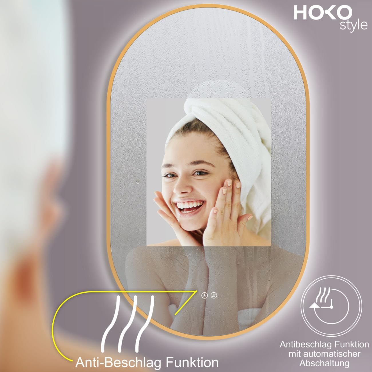 Thumbnail 3 de HOKO Specchio-Parete Luminoso Ovale Antiappannamento 45x75 cm / 75x45 cm con Cornice Dorata e LED regolabili
