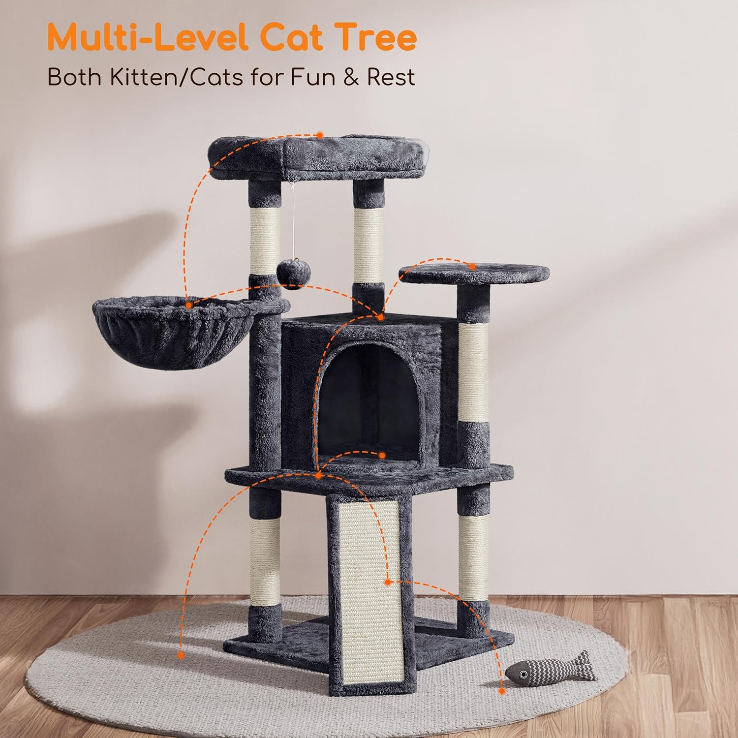 Detalle de Yaheetech 107cm cat tree climbing tower with scratching posts, condo and basket (dark grey)
