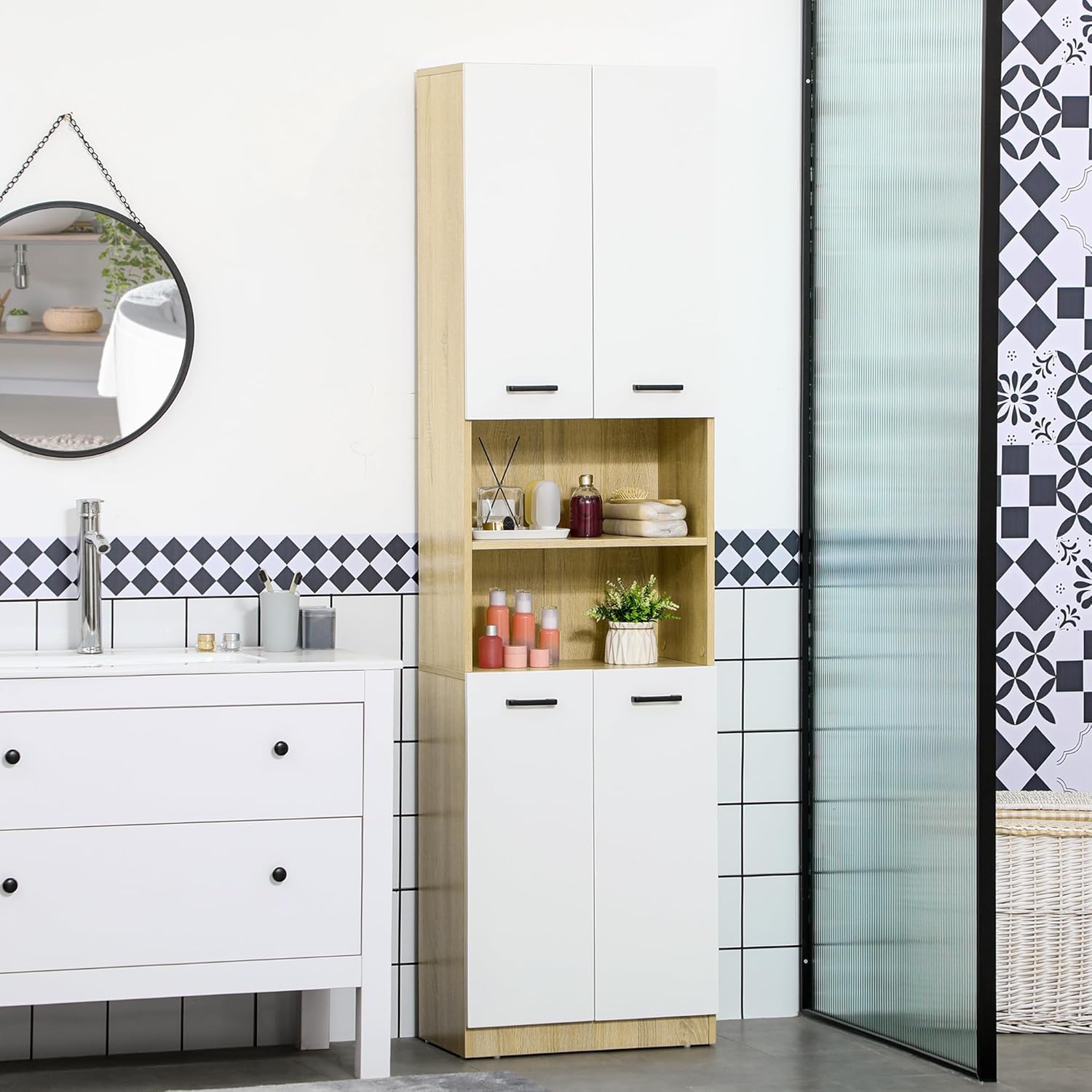 Detalle 2 de kleankin Columna auxiliar baño 53x33,5x195,7 cm Blanco Roble