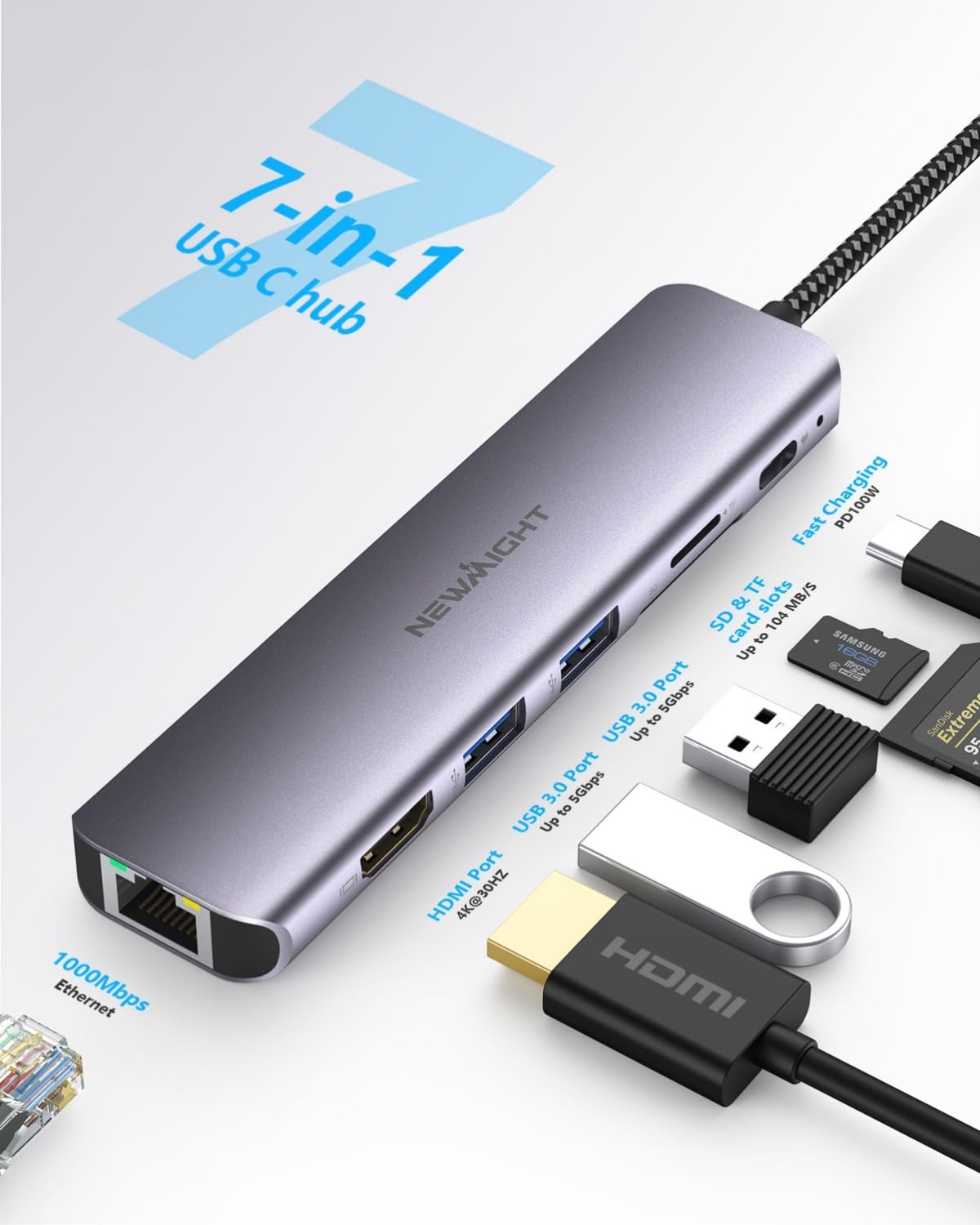 Detalle de Newmight Hub USB-C 7 en 1 avec HDMI 4K 30 Hz, Ethernet 1 Gbit/s, PD 100 W et lecteur SD/TF