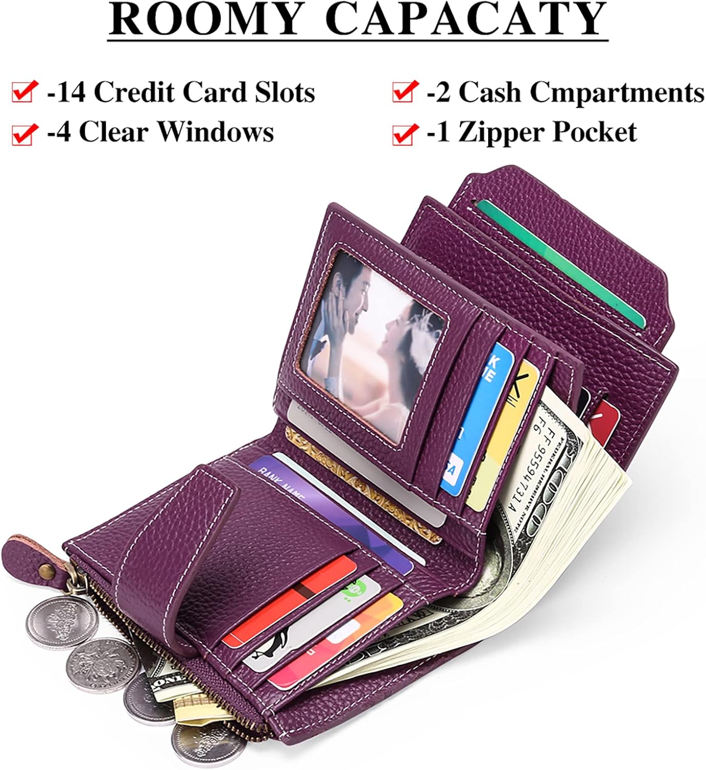 Detalle de SENDEFN Women's RFID Blocking Leather Small Compact Bi-fold Zipper Pocket Wallet Card Case Purse with ID Window