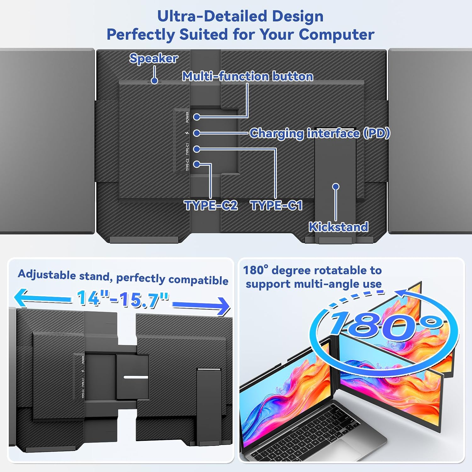 Detalle de KEFEYA 15,6 Zoll Laptop Bildschirm Extender – Dreifach-Display, FHD 1080p, Plug‑and‑Play