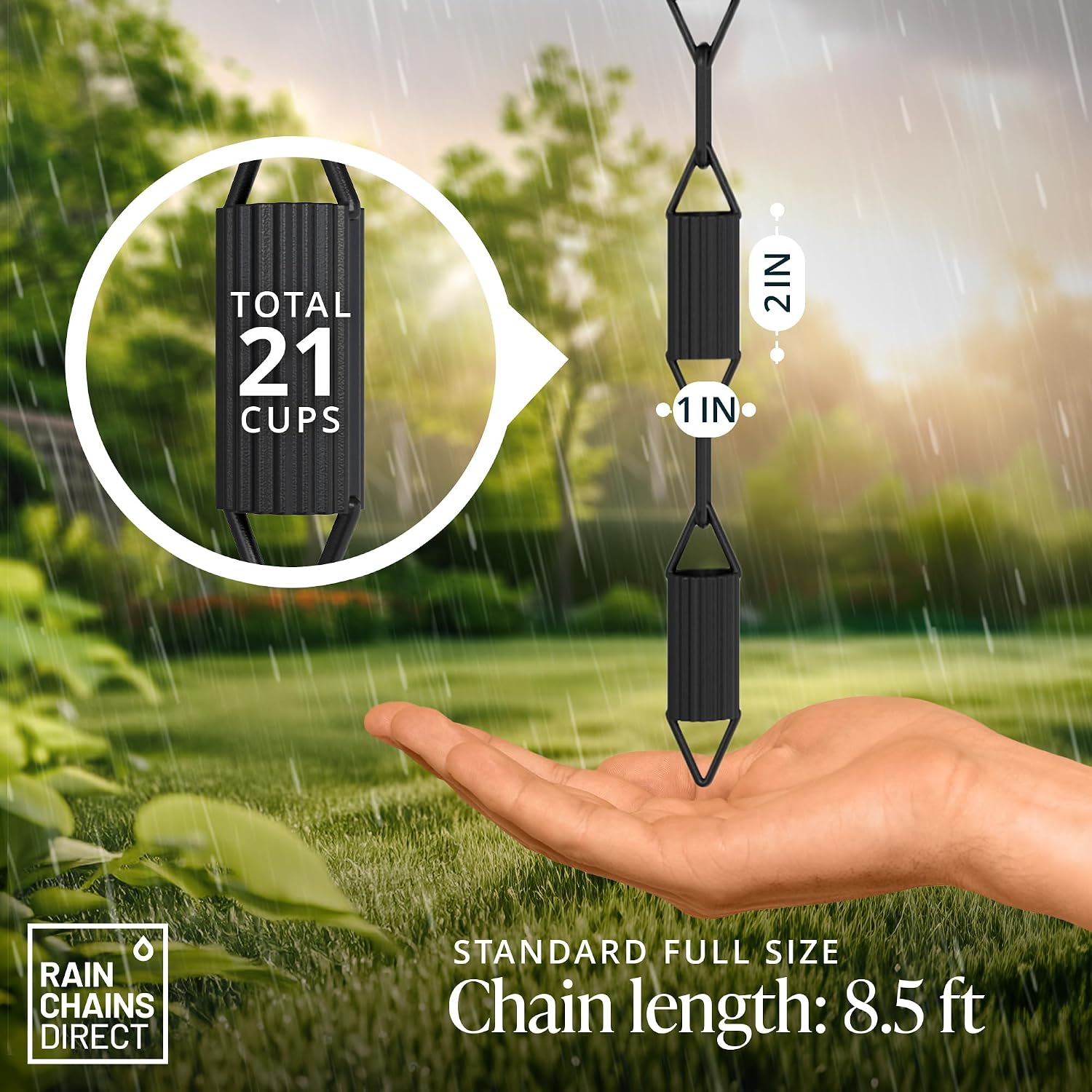 Detalle de Rain Chains Direct Manicotti RC-MANIC-BL – czarny łańcuch deszczowy z aluminium