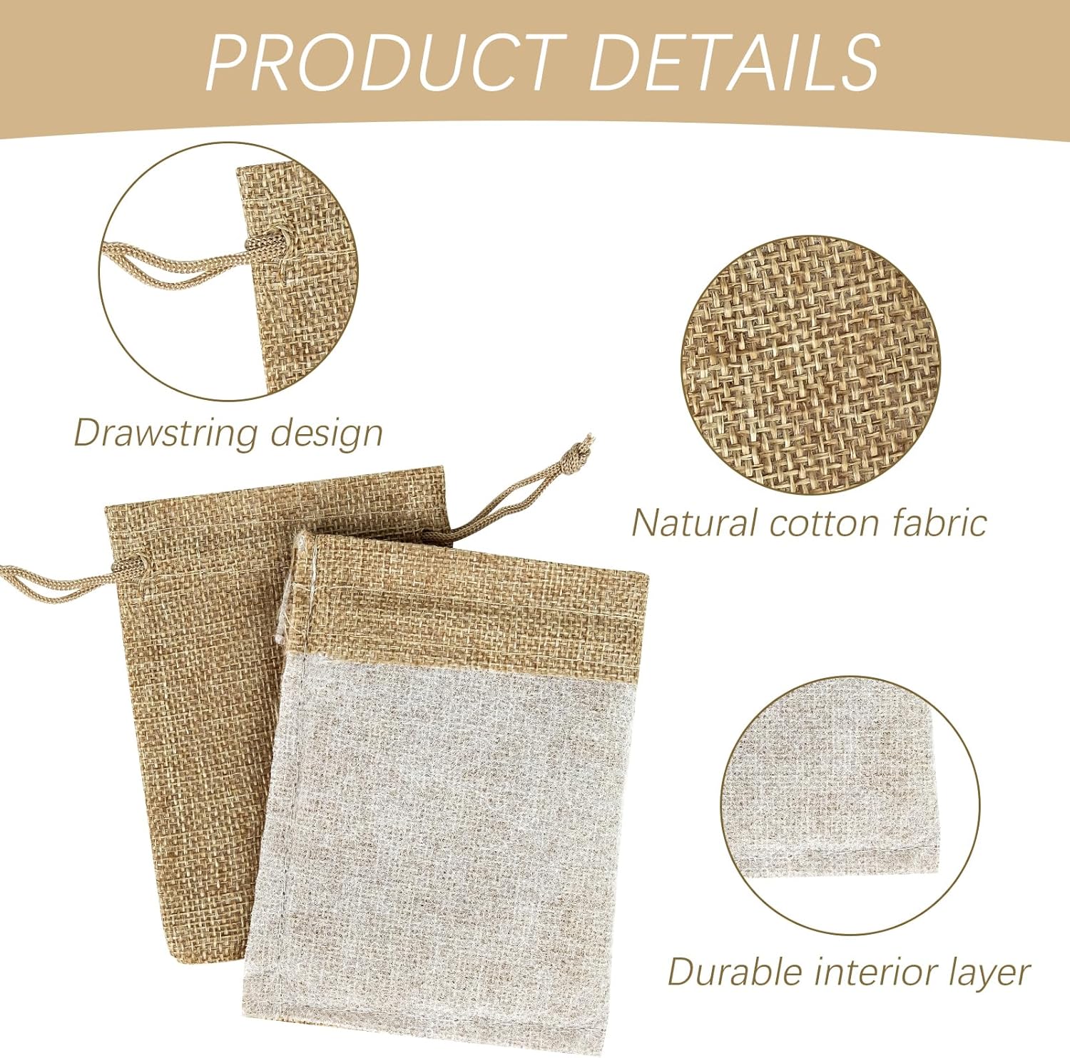 Detalle de Sachets en toile de jute 10x14 cm, lot de 30 dragées – Pochon cadeau naturel