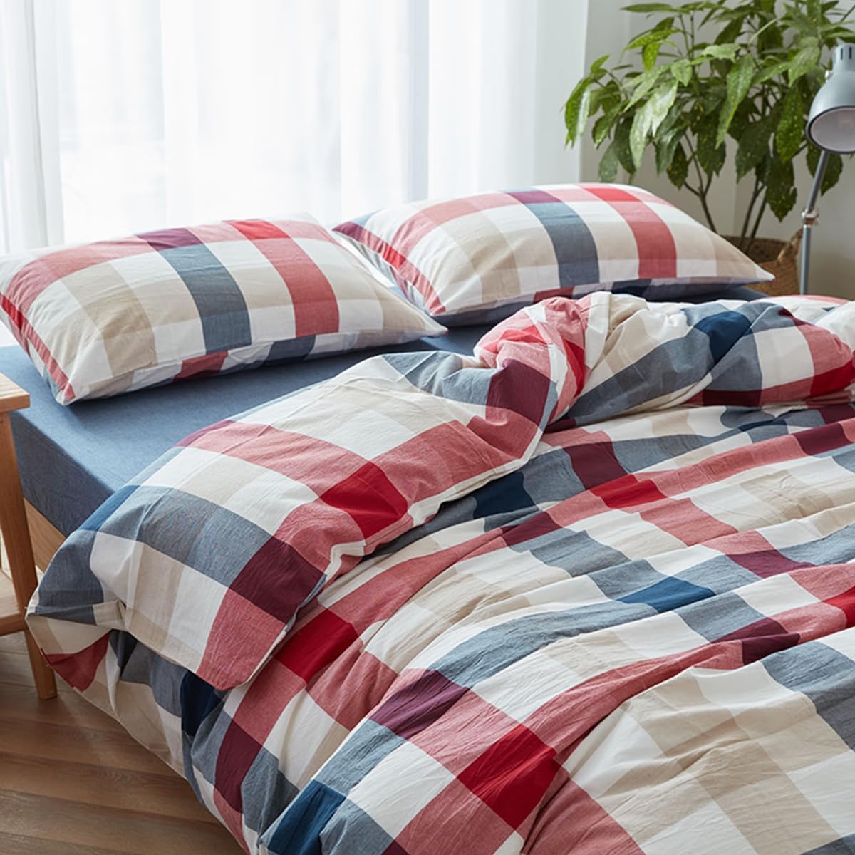 Detalle de Nesture Bettwäsche 135x200 Baumwolle 4-teilig kariert bunt – 100% gewaschene Baumwolle, bügelfrei