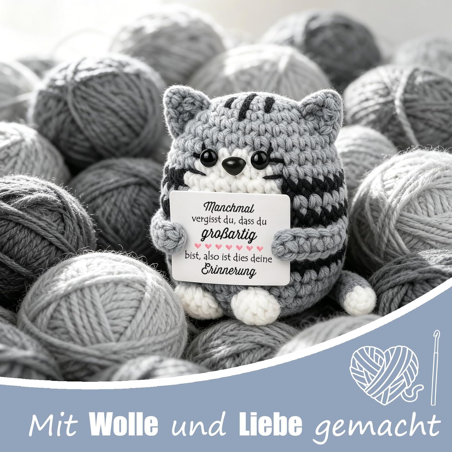 Thumbnail 4 de Tixlux Pocket Hug Positive Katze – handgemachte Strickfigur mit Glücksbringer, kleines Mutmacher-Geschenk