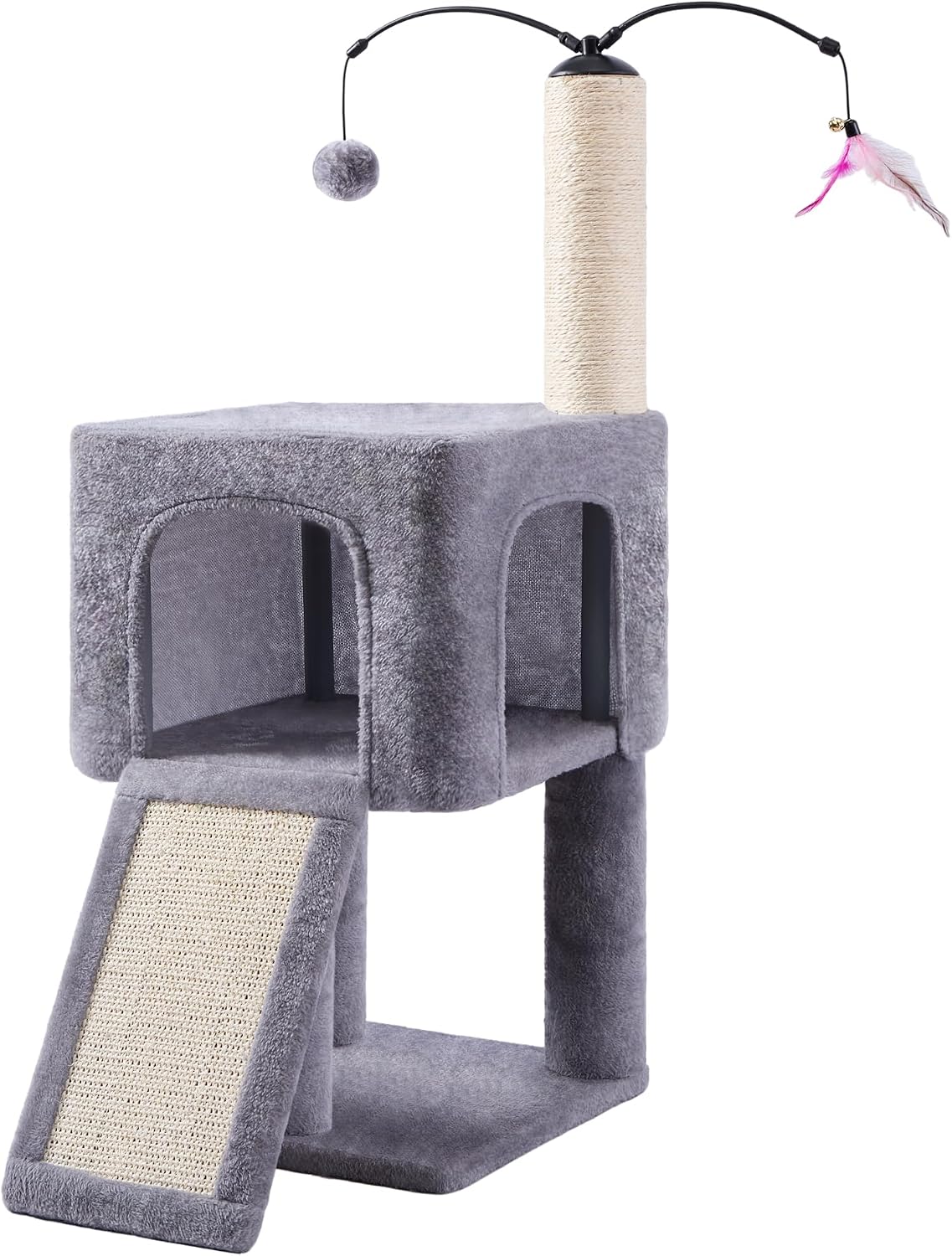 Detalle de Roypet 123 Cat Tree, 32-Inch Gray Condo with Sisal Post, Ramp and Toys