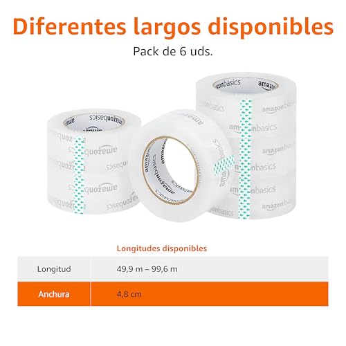 Detalle de Amazon Basics 6 unidades de Cinta de Embalaje para Mudanza y Almacenamiento, 4,7 cm x 99,6 m, Transparente