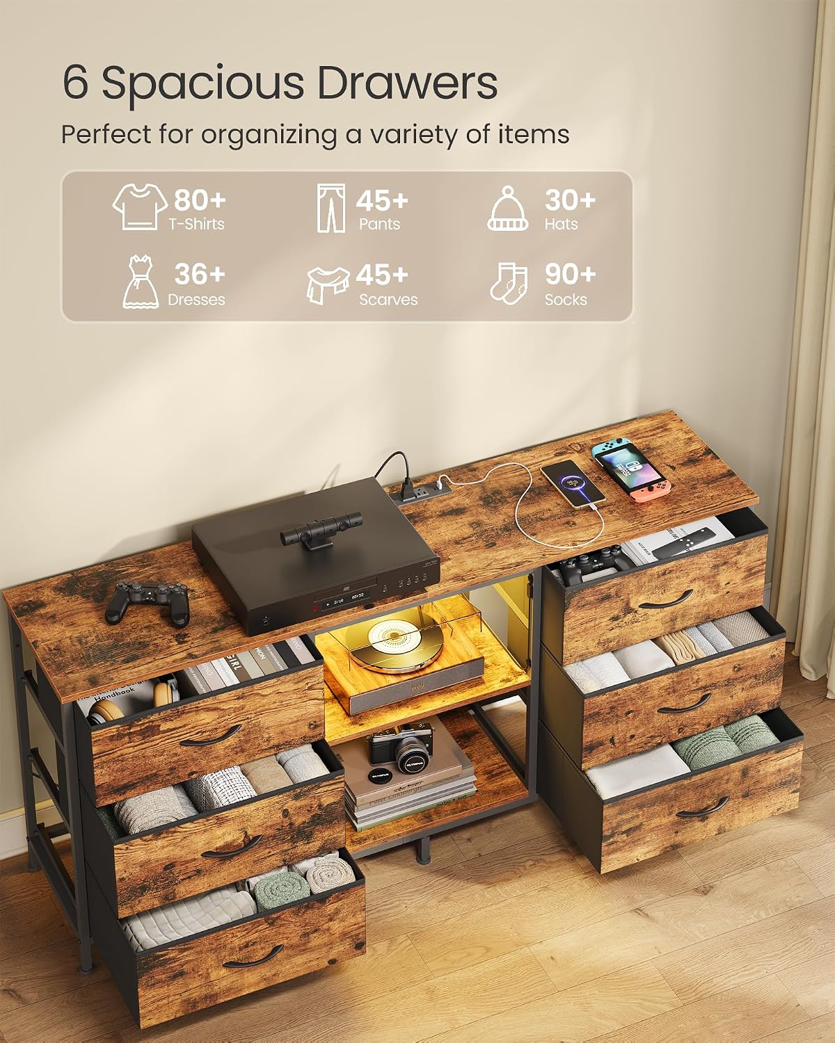 Detalle 1 de SONGMICS ULGS132K101 TV Stand, Rustic Brown, 6 Drawers and 2 Shelves