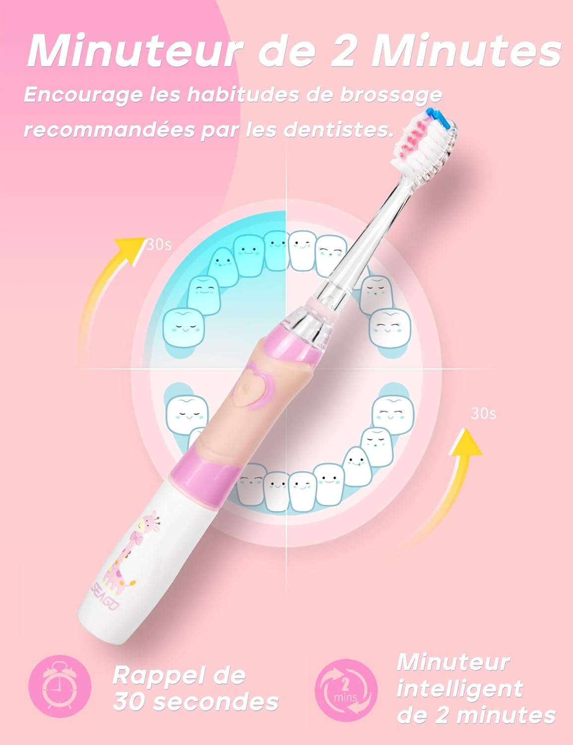 Thumbnail 4 de Seago SG977 brosse à dents électrique enfant (3-12 ans) rose, minuteur 2 minutes, LED colorées, 4 têtes