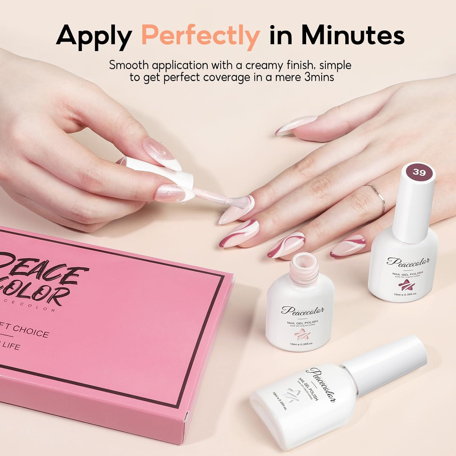 Thumbnail 2 de PEACECOLOR Vernis semi permanent UV/LED – kit 6 couleurs blanc, nude, rose doux (10 ml)