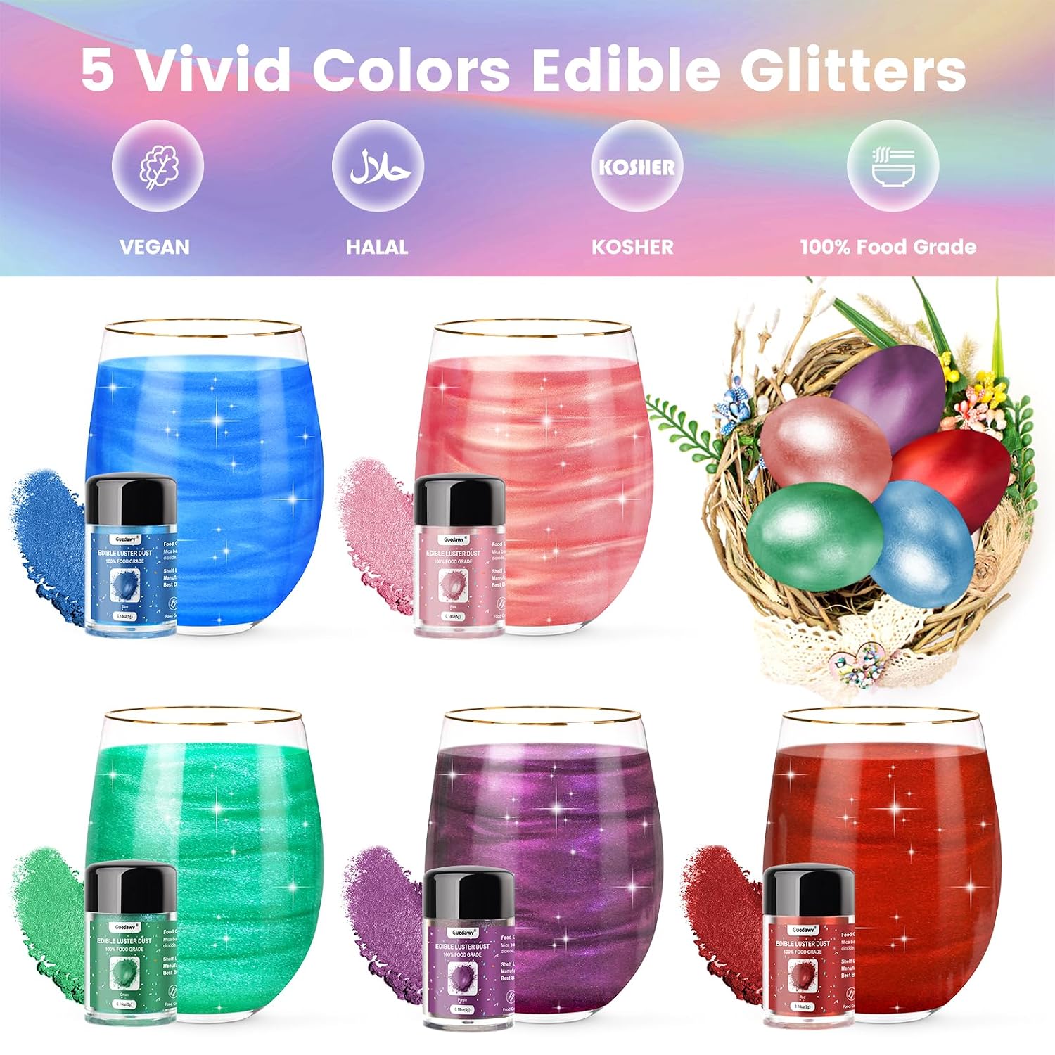 Detalle 2 de PUPKOLI Edible Glitter Set, 5 Colors, 5g Bottles for Drinks and Baking
