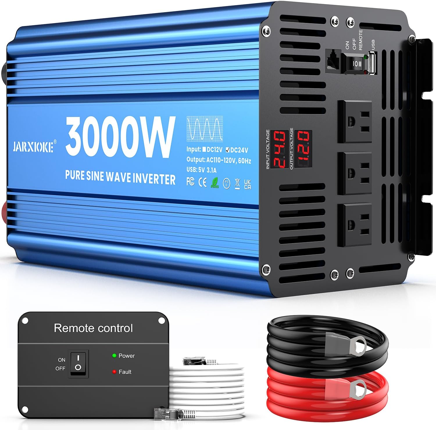 Detalle de 3000 Watt Pure Sine Wave Inverter (24V DC to 110/120V) with 3 Outlets, USB, LCD and Remote