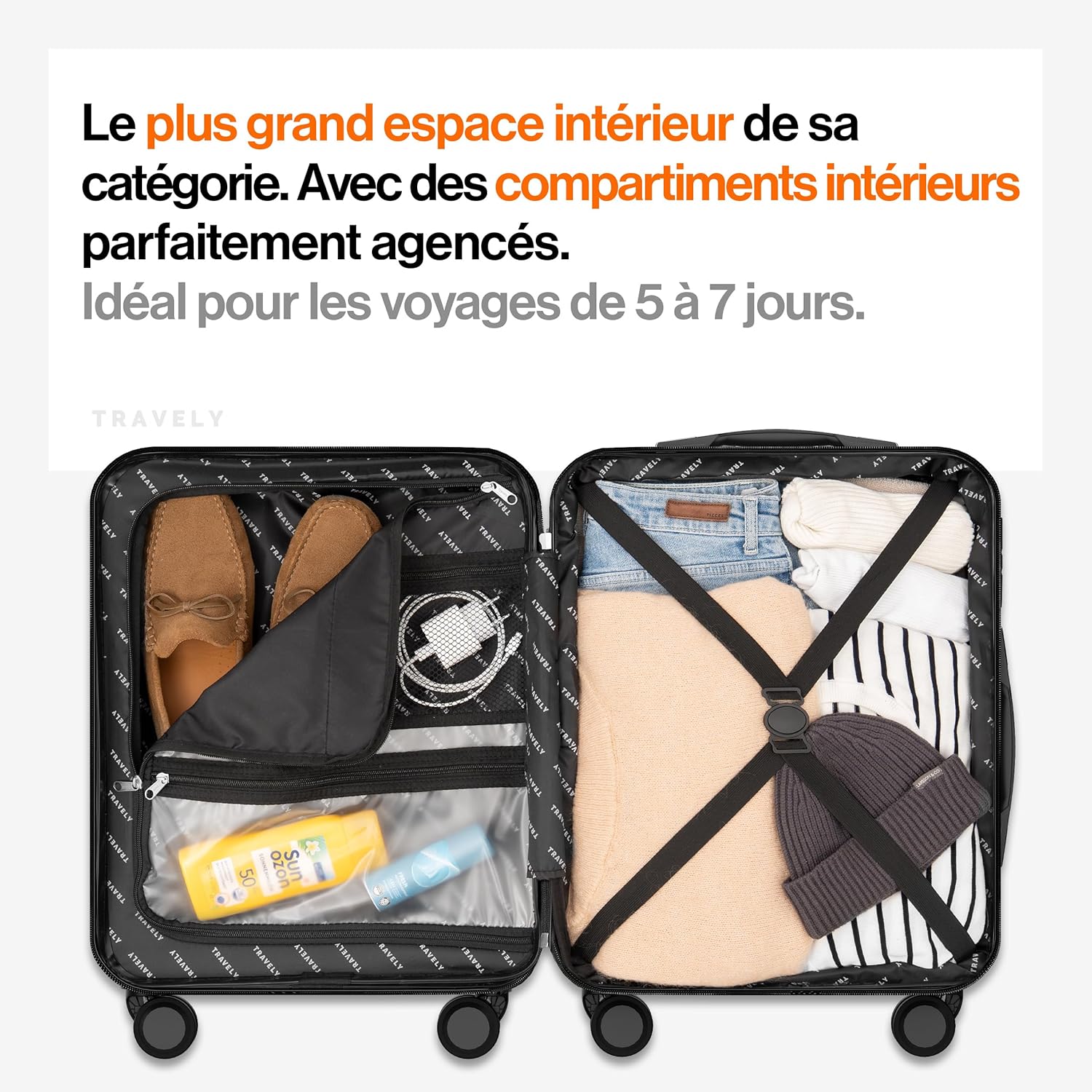 Detalle de Travely Valise Cabine Expandable 55x40x23 cm – 36 L (ou 41–50 L) avec roulettes souples et serrure TSA