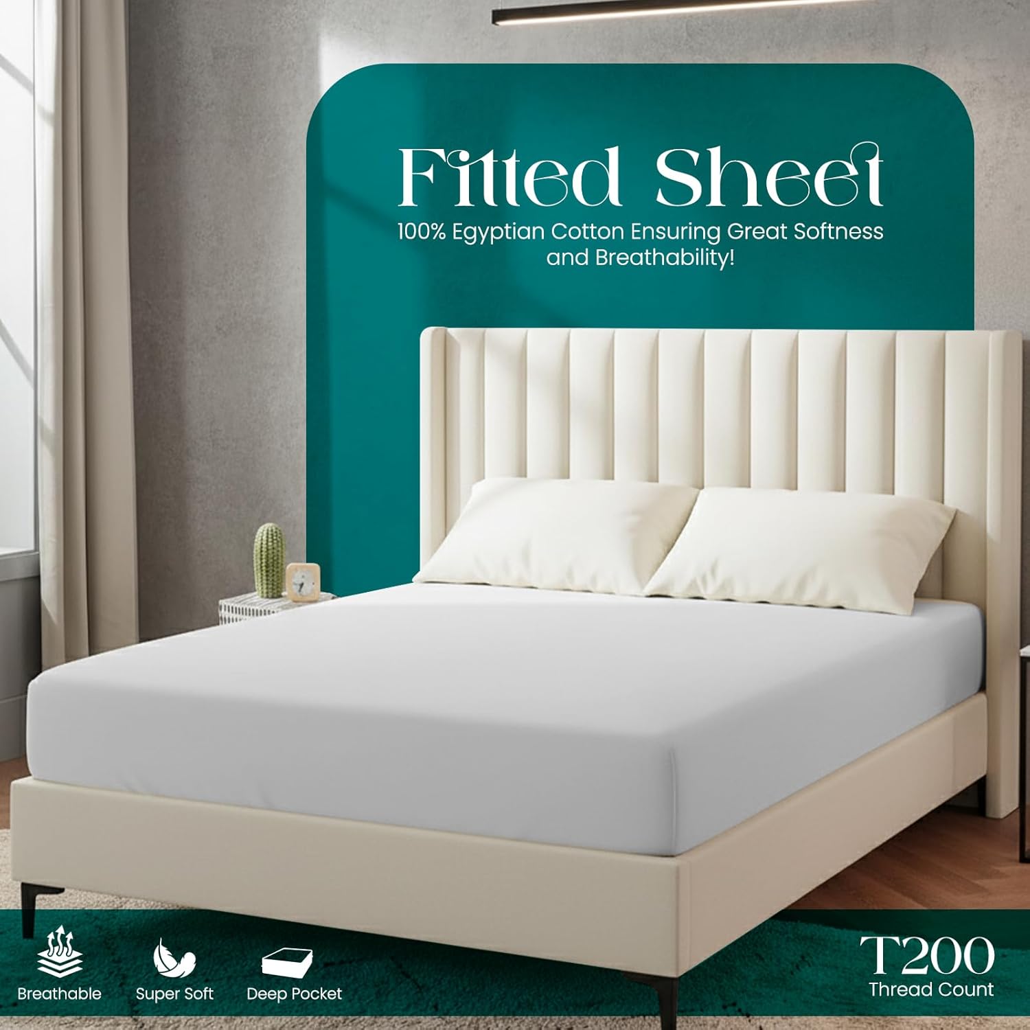 Thumbnail 1 de Linens World Egyptian Cotton Fitted Sheet (Double) – 40cm Deep Pocket, Breathable & Anti-Wrinkle, 200 Thread Count