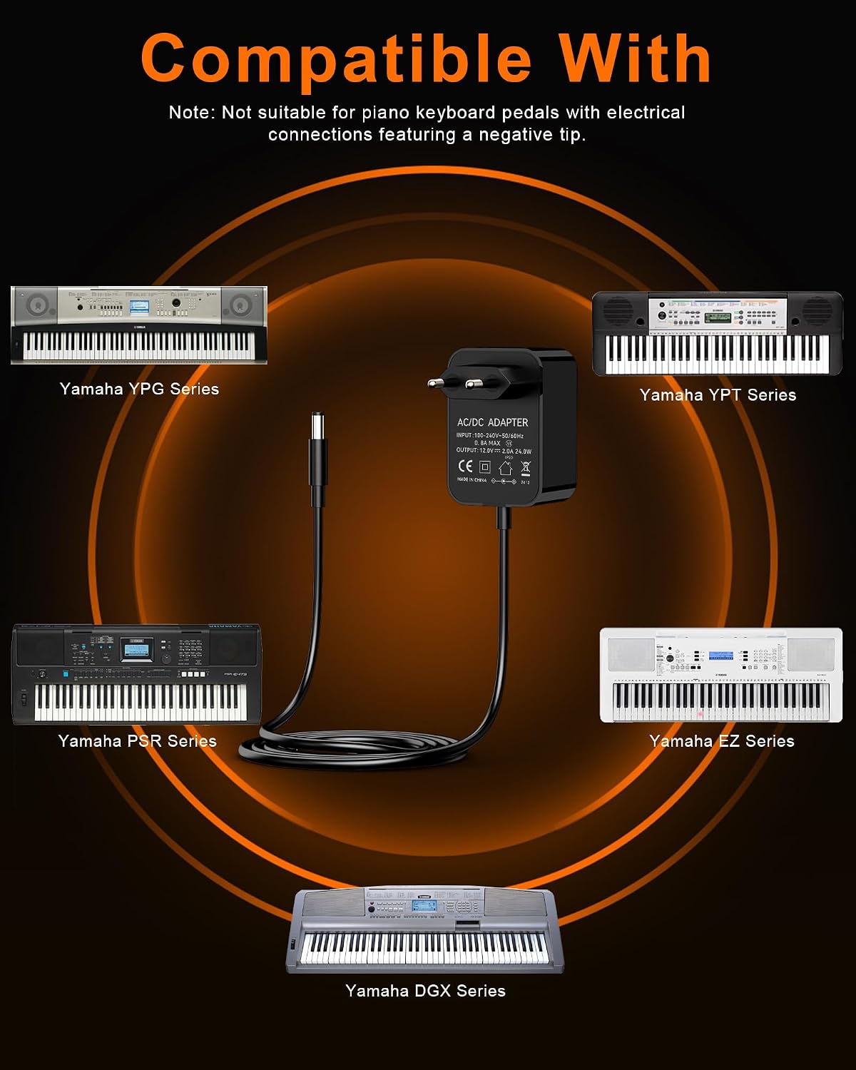 Detalle 2 de RENGOGA zasilacz 12 V/2 A do keyboardów Yamaha, 24 W, wtyk 5,5 × 2,5 mm