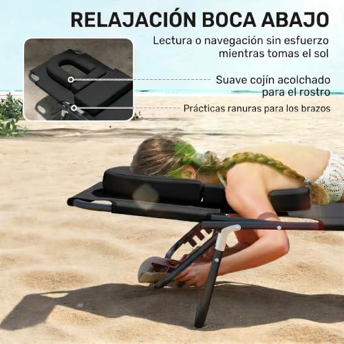 Detalle de Outsunny Tumbona Plegable con Respaldo Regulable en 4 Posiciones y Orificio de Lectura – 190x56x28 cm, color Negro