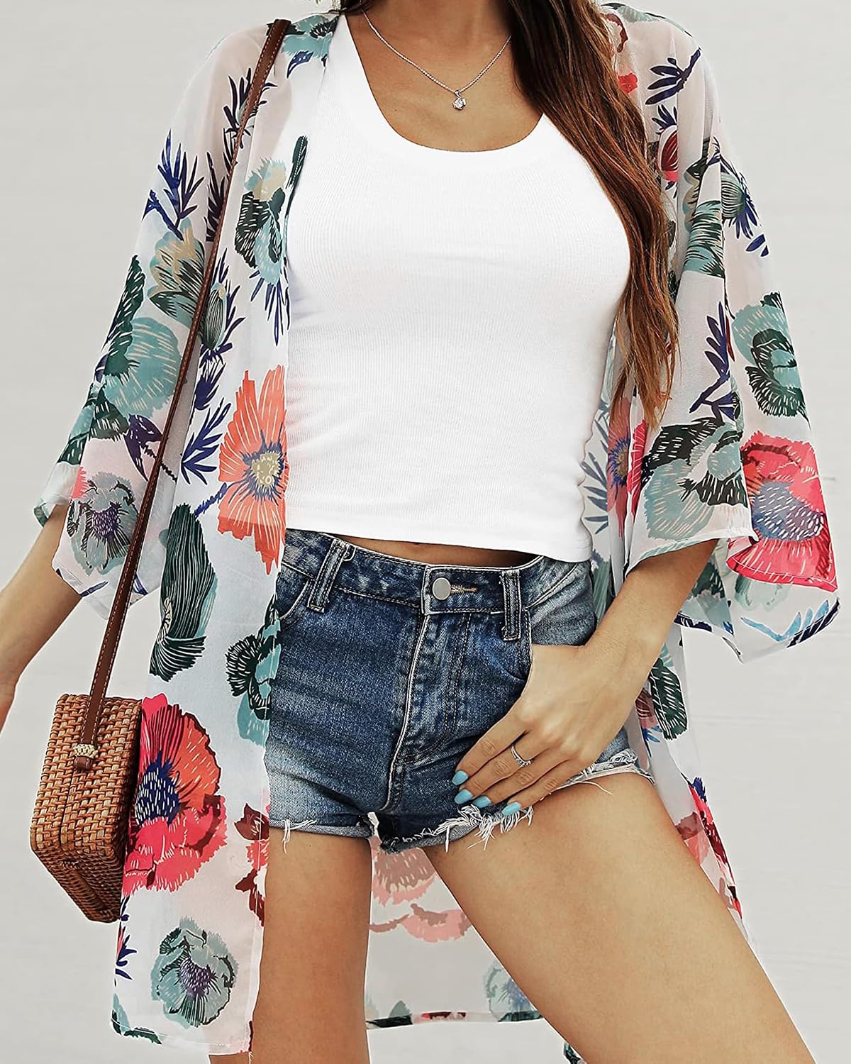 Detalle 2 de CHICALLURE Long Chiffon Kimono Cover-Up, Floral, Open Front, Knee-Length