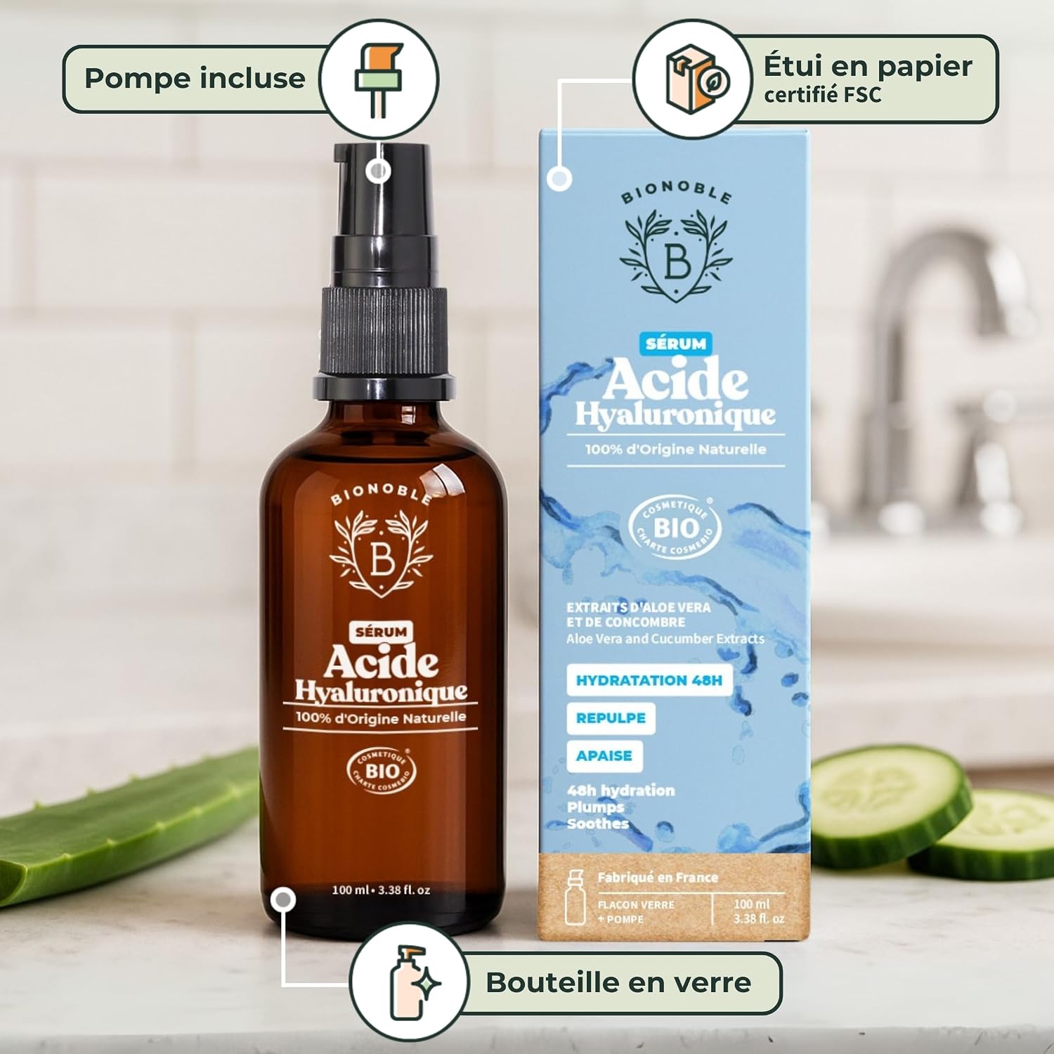 Detalle de BIONOBLE Sérum Visage Acide Hyaluronique Pur certifié bio – Hydratation et anti-âge en France