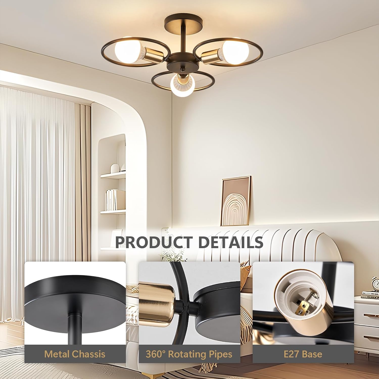 Thumbnail 3 de YOODI Vintage 3-Light Metal Ceiling Lamp with E27 Sockets