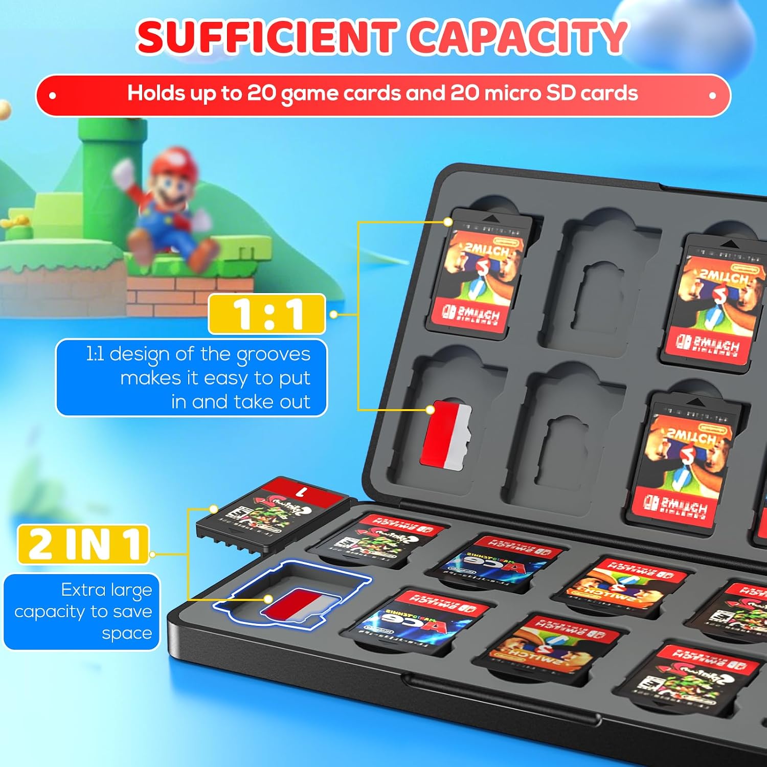 Detalle de Klipdasse Switch Spiele Aufbewahrung für Nintendo Switch 2/Switch/OLED – 20 Spielkarten-Slots & 20 Micro SD Slots, Magnetverschluss, Hartschalen Case