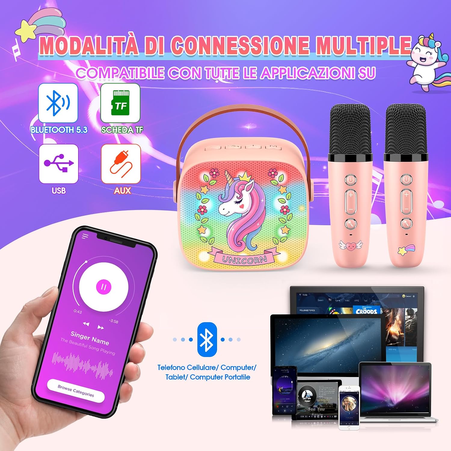 Detalle de Dislocati karaoke per bambini con 2 microfoni wireless, Bluetooth e luci LED a tema unicorno (3-12 anni)