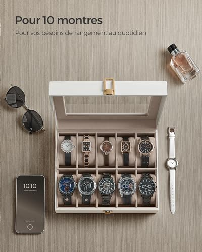 Detalle 2 de SONGMICS Boîte à Montres 10 Emplacements JWB010W01 – Coffret écrin avec couvercle en verre et serrure en métal