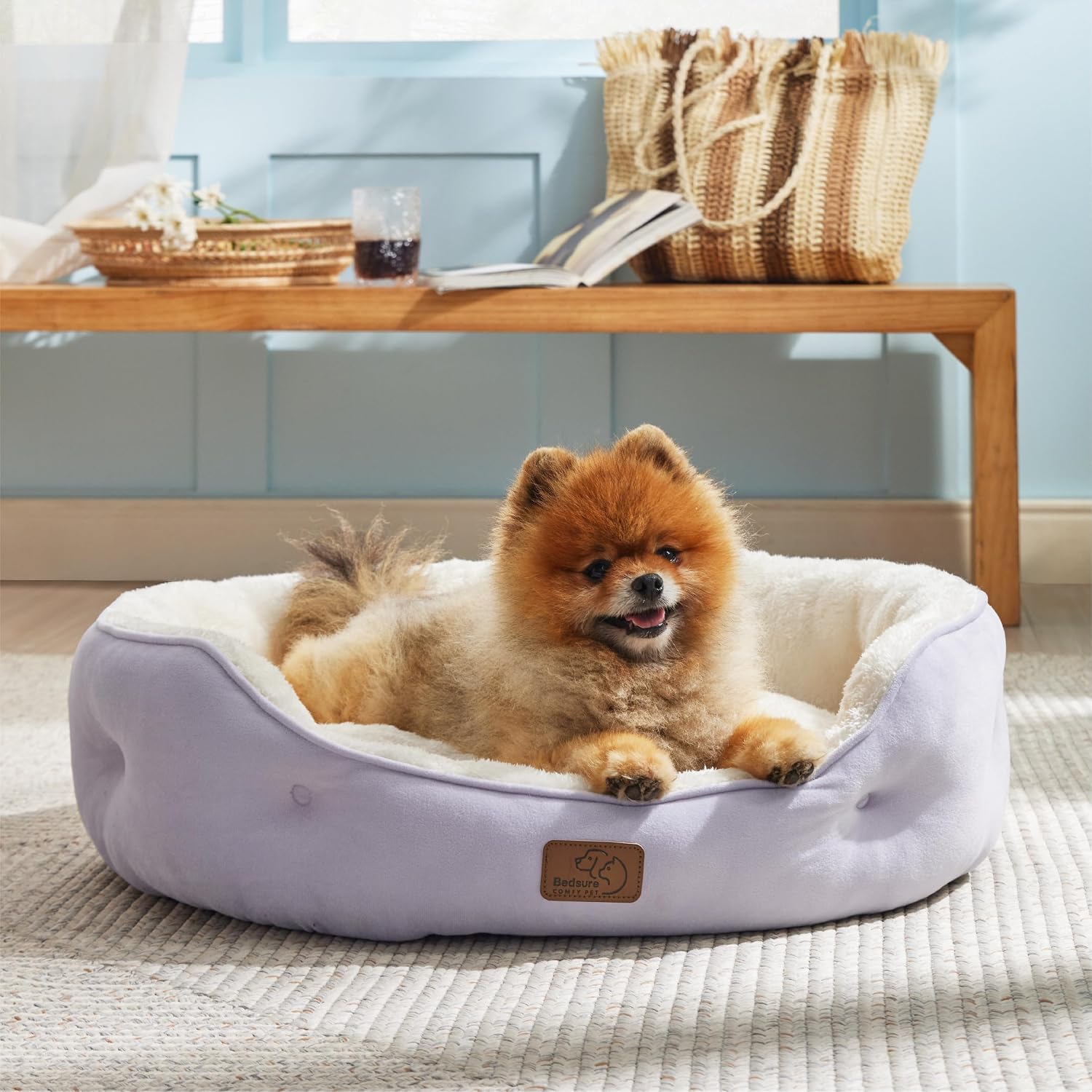 Detalle de Bedsure B0P1E00U0M00 Round Pet Bed, Sherpa Fleece, Misty Lilac