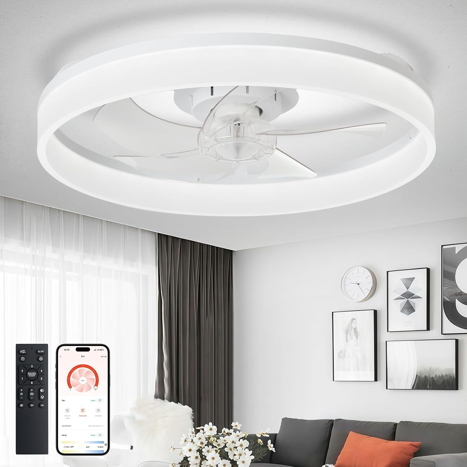 Detalle de DINGLILIGHTING WS-FPZ195-20C 20-Inch Flush-Mount Ceiling Fan with LED Light