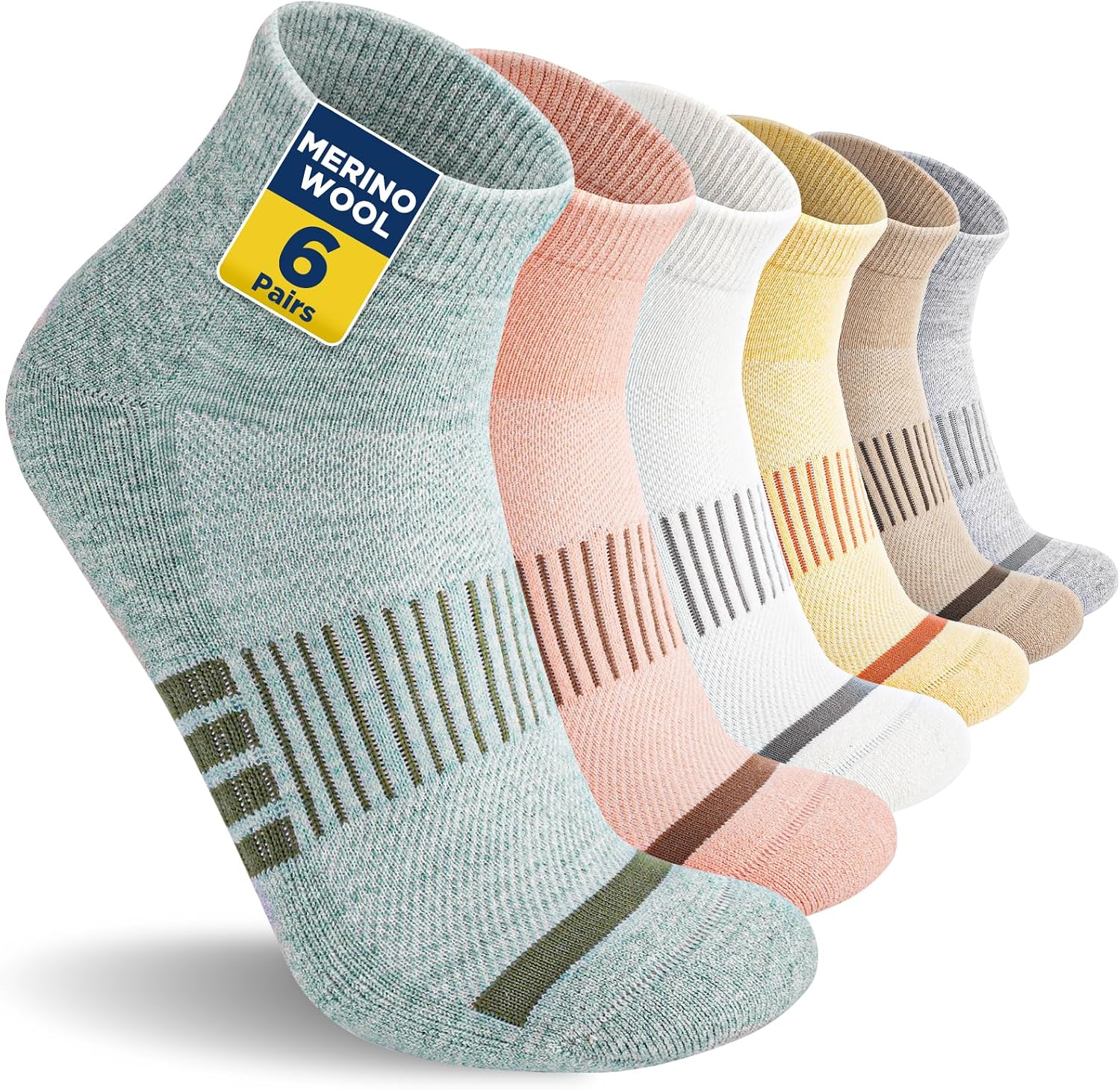 Detalle de Niofind Merino Wandersocken (Quarter) für Damen & Herren – atmungsaktiv, gepolsterte Laufsocken im 6er-Set
