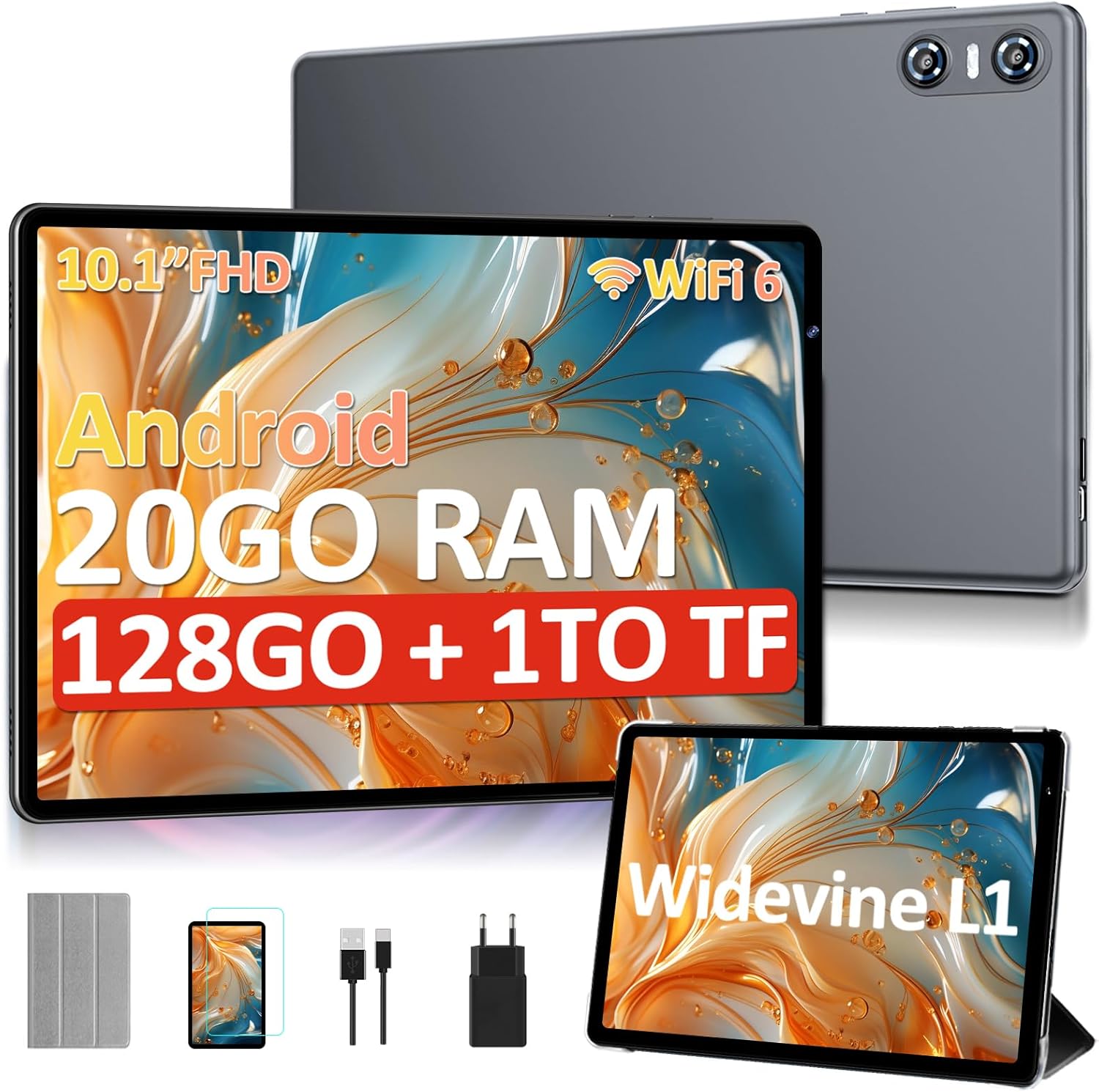 Detalle de Tablette Android 10 pouces K13: 20 Go RAM + 128 Go ROM, extensible jusqu’à 1 To, Wi‑Fi 6, Widevine L1, étui inclus