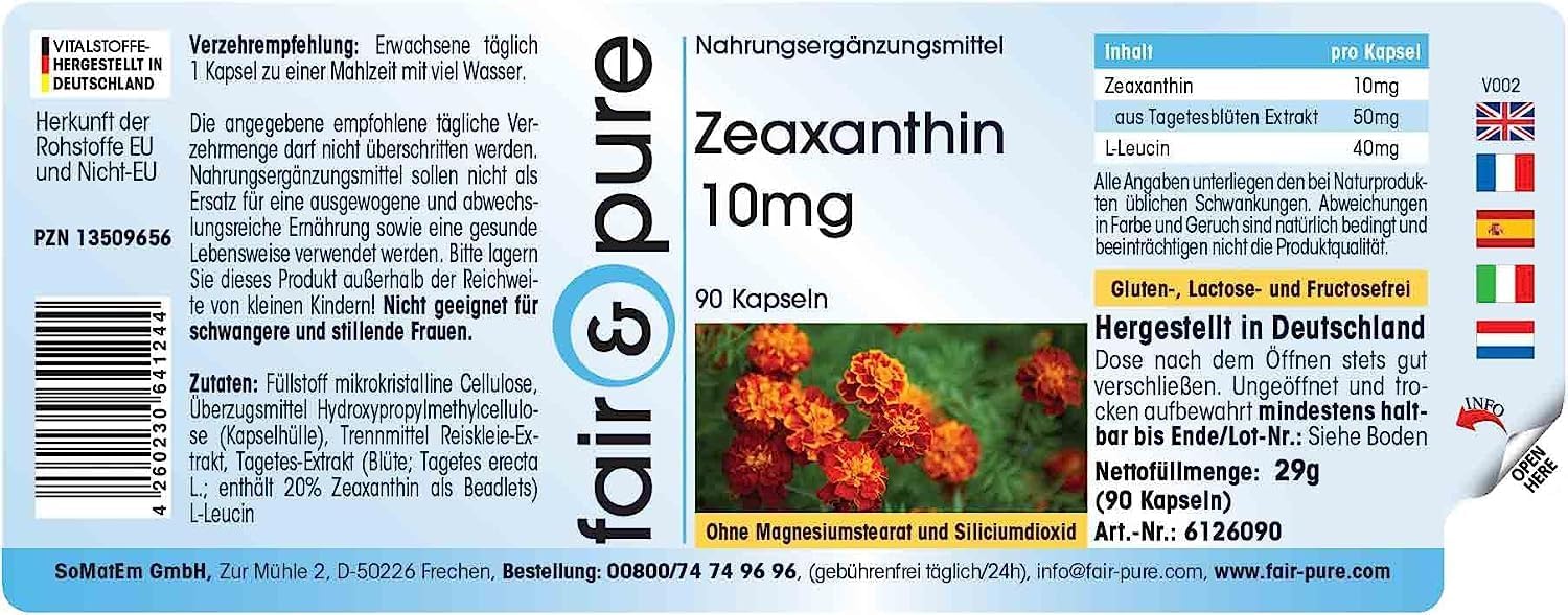 Thumbnail 6 de Fair & Pure Zeaxanthin 10 mg – 90 Kapseln, schluckfreundlich, aus Tagetesblüten-Extrakt, vegan, hergestellt in Deutschland