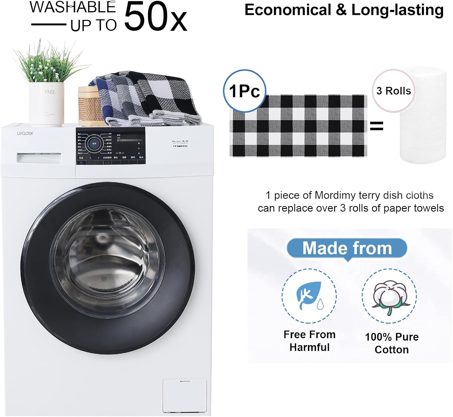 Detalle de Mordimy 100% Cotton Waffle Weave Kitchen Towels (13 x 28 in), Black & White Buffalo Check, 4-Pack