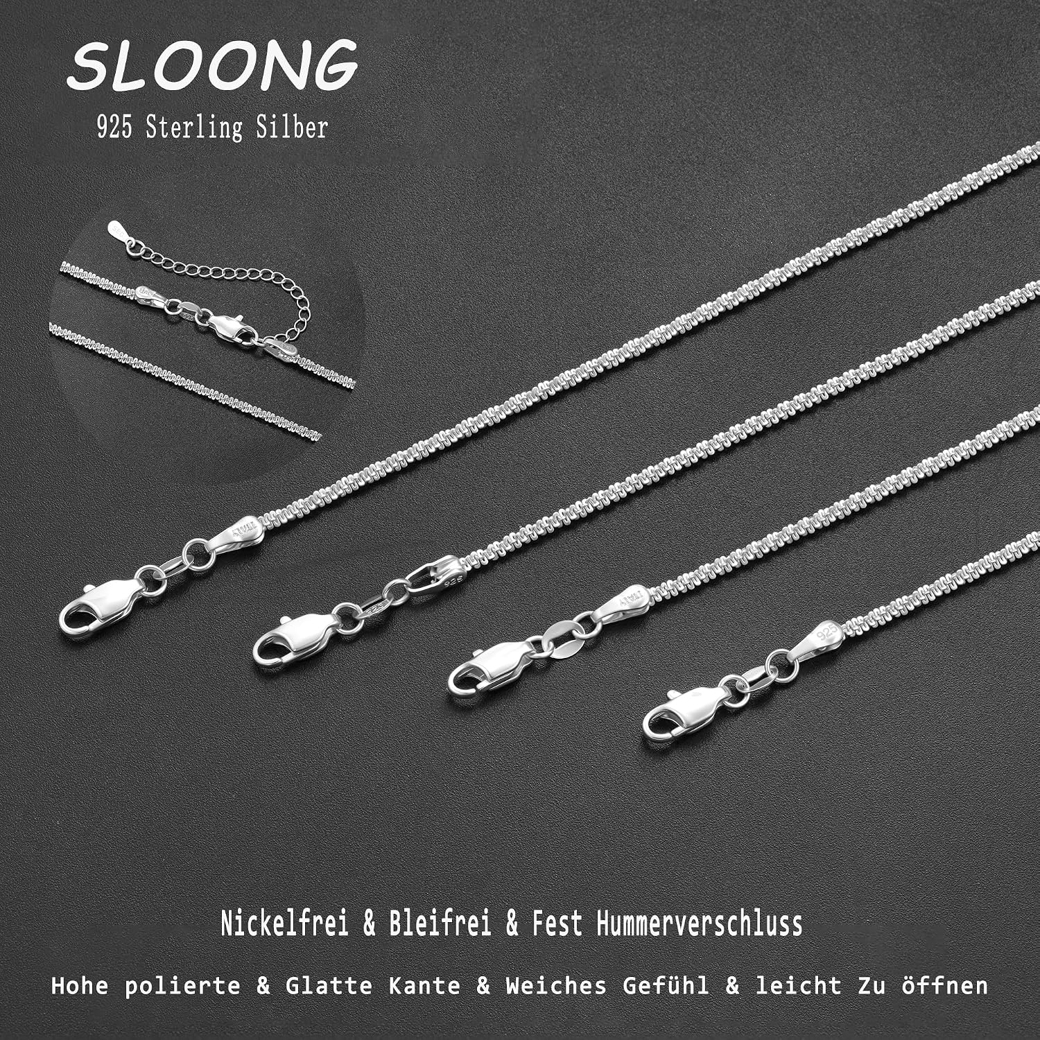 Detalle de SLOONG Silber Raupen Kette 925 Damen – 2 mm Silberkette, 41/46/51/56 cm, ohne Anhänger