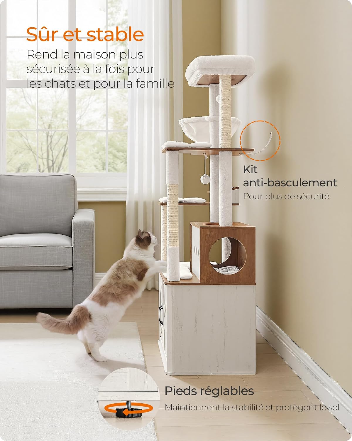Thumbnail 6 de Feandrea Arbre à Chat de 170 cm avec Cache-Litière et Accessoires Intégrés – Marron Miel et Blanc Rustique PCT169W201