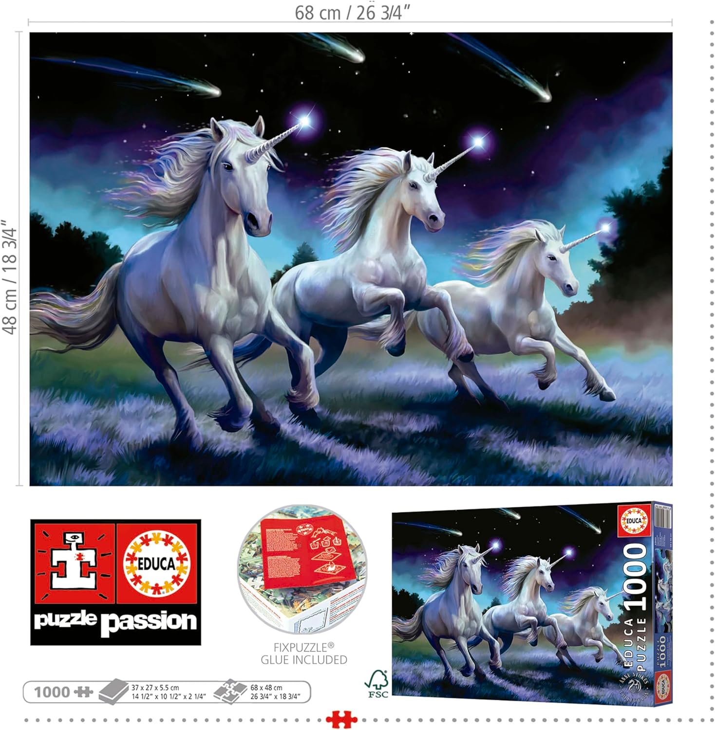Thumbnail 3 de Puzzle Educa 1000 pièces pour adultes Unicòrns, Anne Stokes (68 x 48 cm)