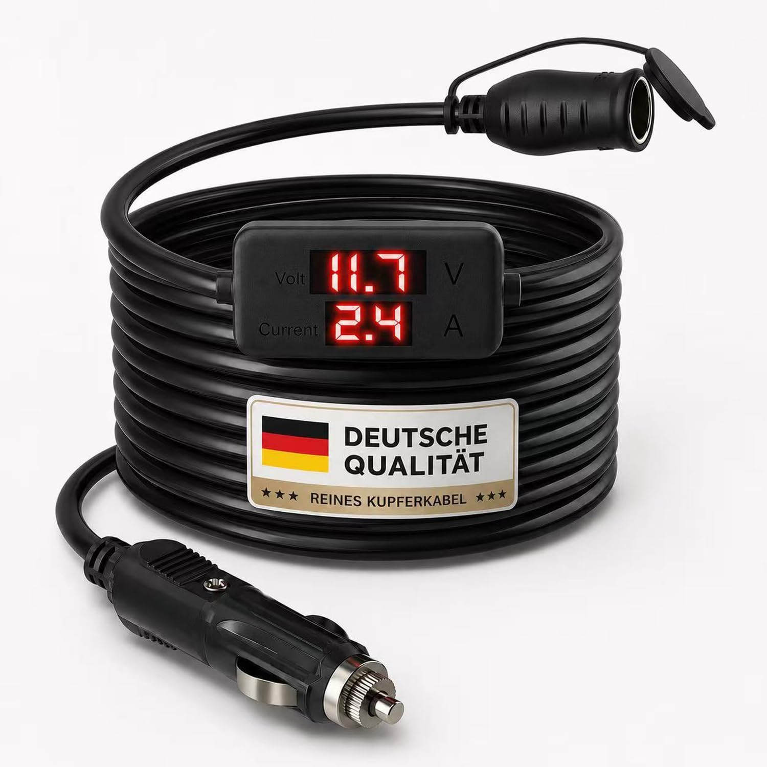 Detalle de RGBer® 12-Volt-Zigarettenanzünder-Verlängerungskabel (16AWG) mit Batteriewächter und Voltmeter – für Auto & Kühlbox