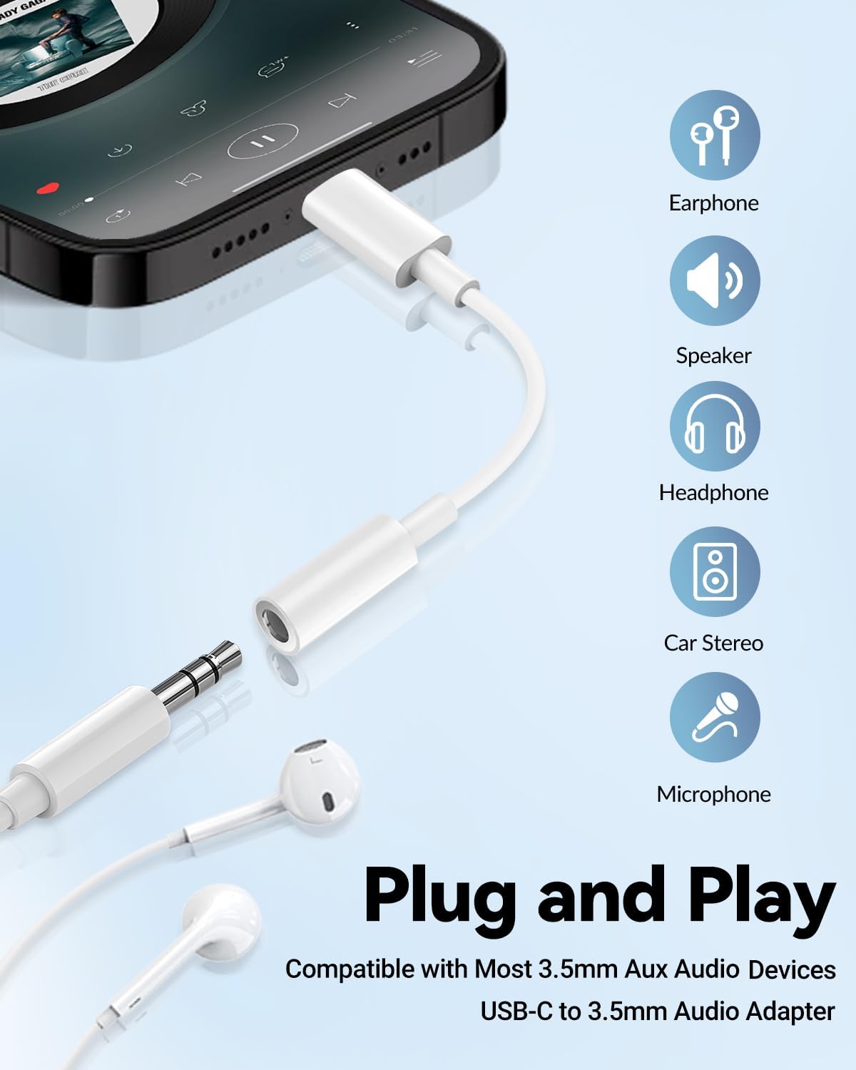 Detalle 2 de Seulliya USB-C to 3.5mm Headphone Jack Adapter (2-Pack) with Hi-Res DAC