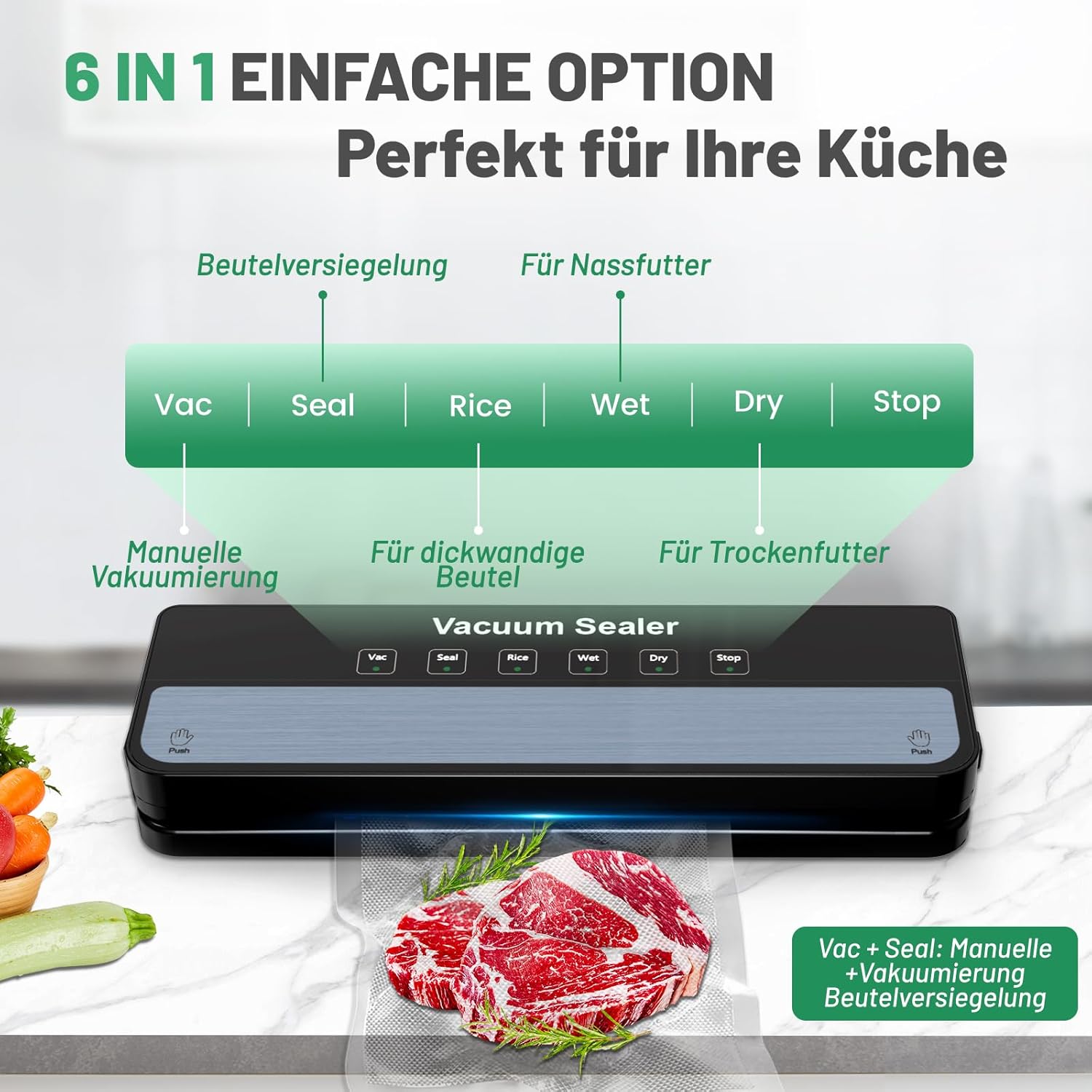 Detalle 2 de Raycial Vakuumierer mit Vakuumierbeuteln – vollautomatisches 6-in-1 Folienschweißgerät für trockene, feuchte & frische Lebensmittel