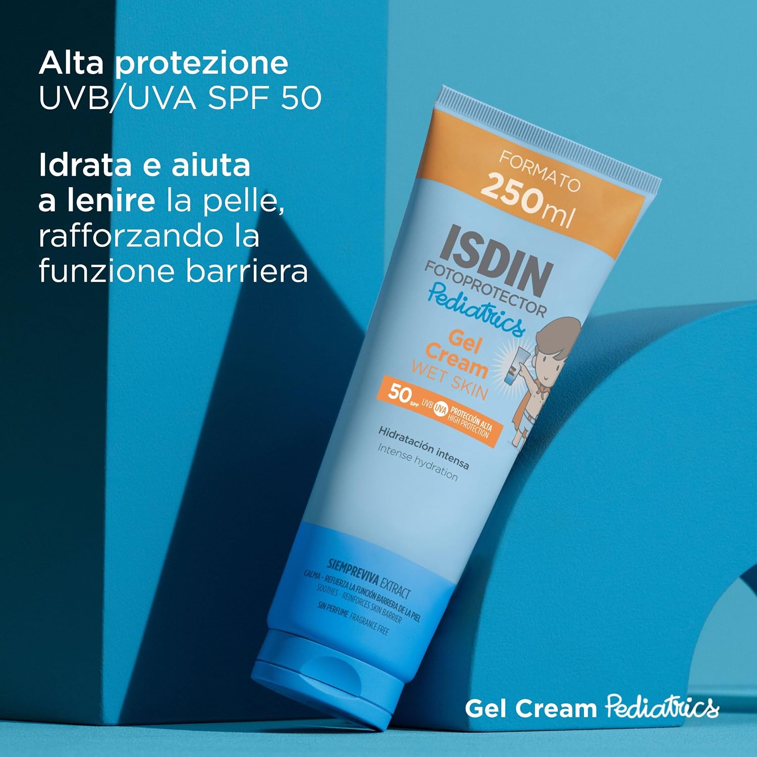 Detalle 2 de ISDIN Pediatrics Gel Cream Wet Skin SPF 50 (250 ml) – Protezione solare pediatrica per corpo, resistente all’acqua