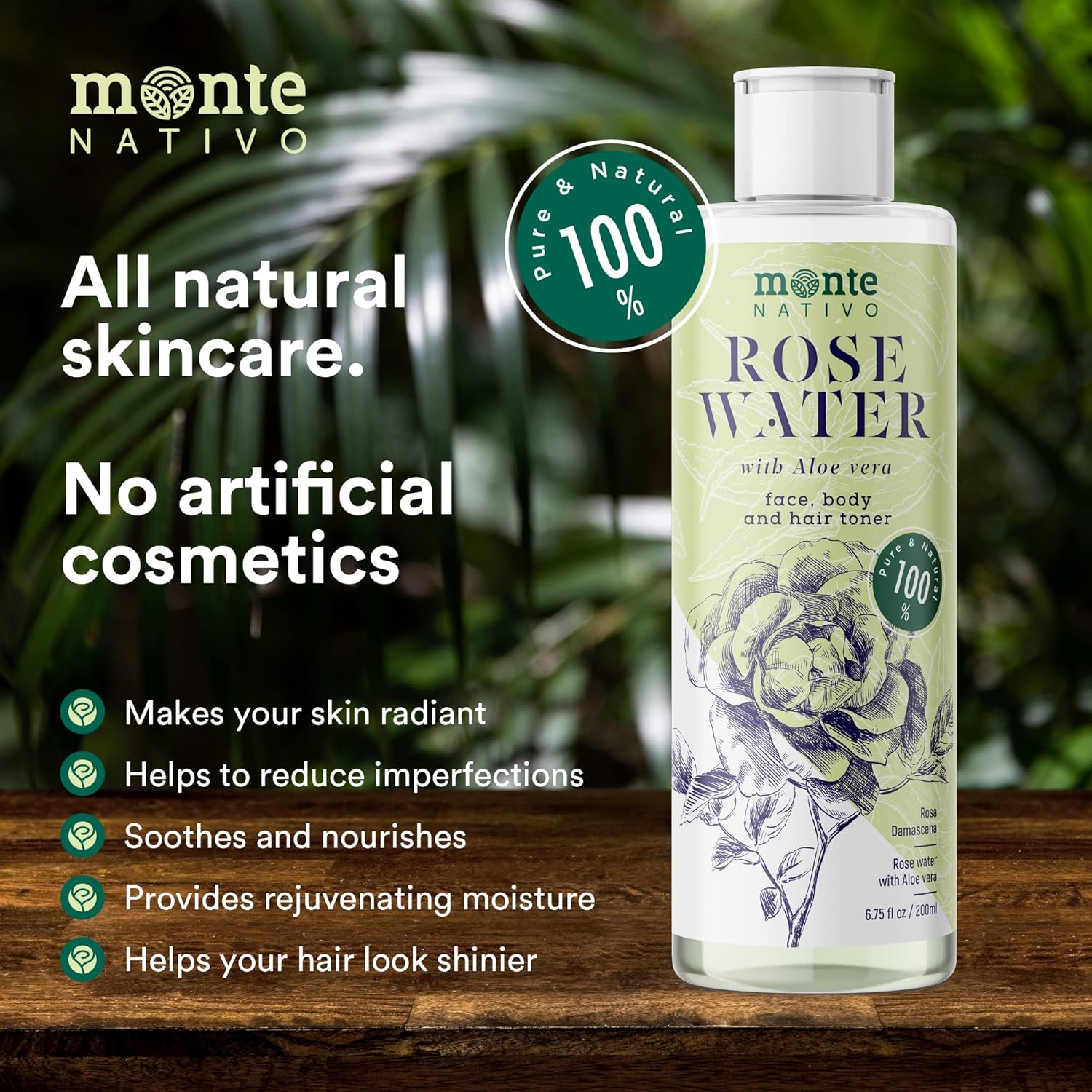 Detalle 1 de Monte Nativo Rosenwasser Gesichtswasser mit Aloe Vera (2x200 ml / 400 ml)