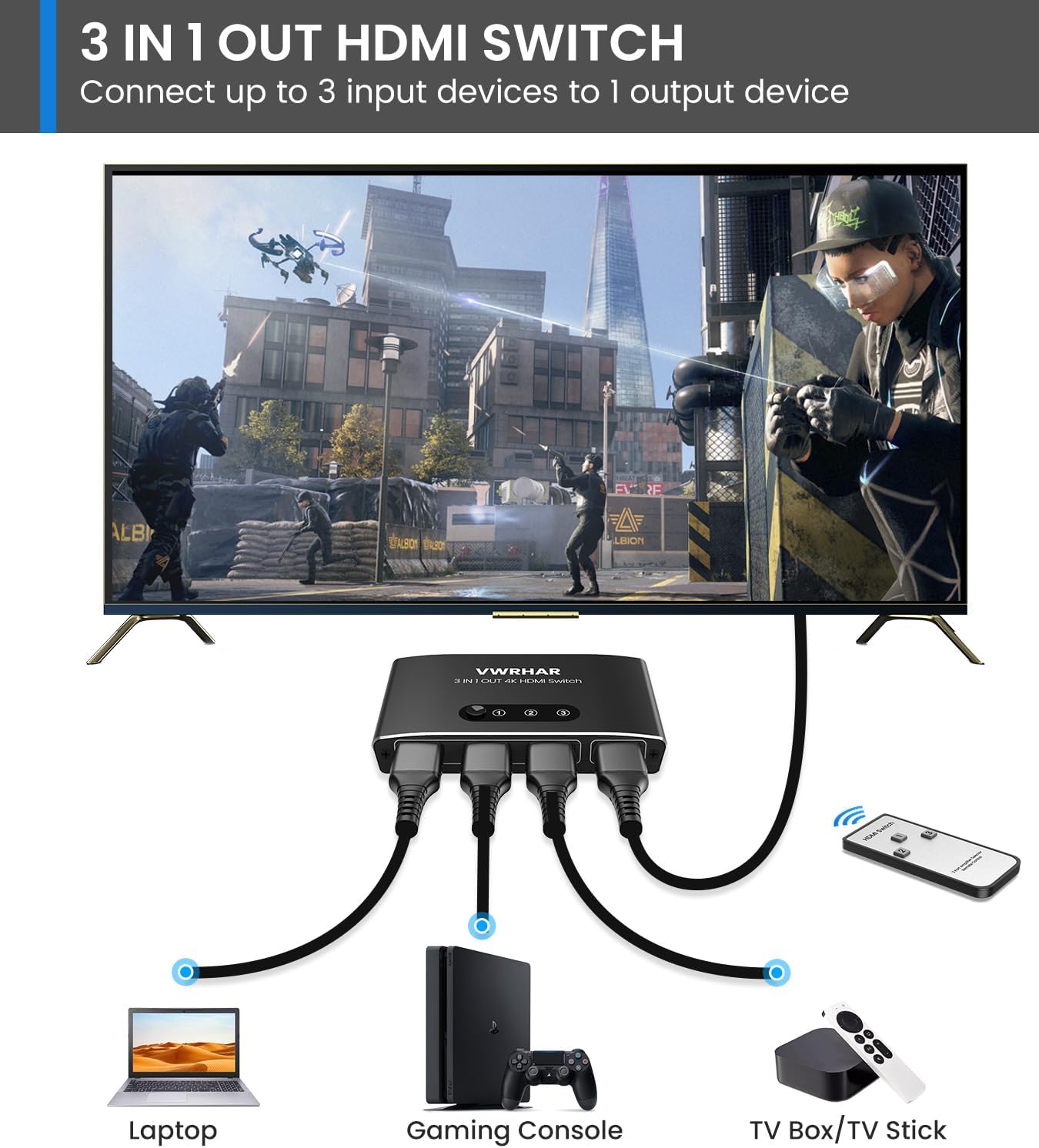 Thumbnail 1 de Multiprise HDMI Aluminium 3 Entrées vers 1 Sortie – Switch 4K 3D HDR avec Télécommande
