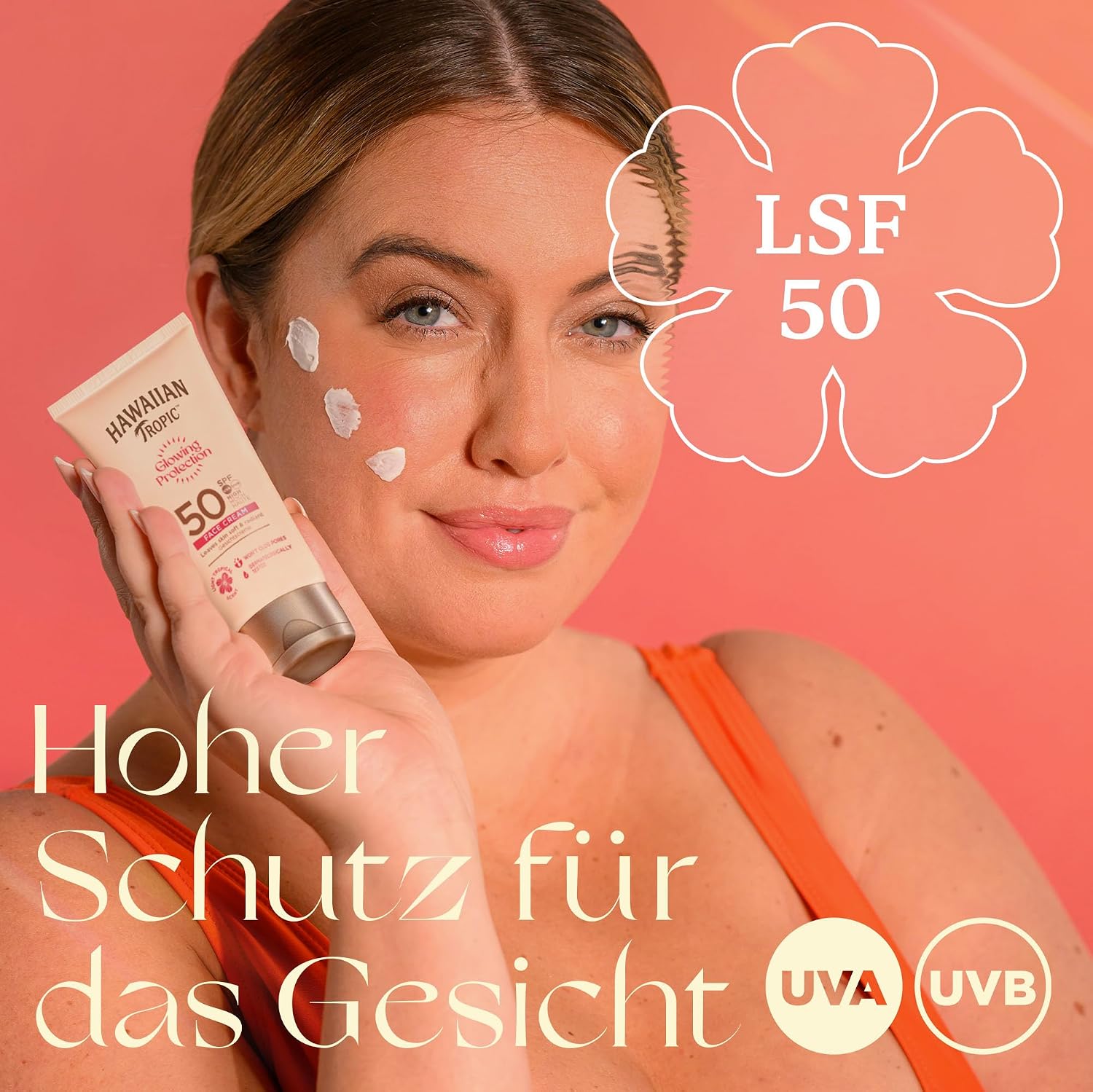 Detalle de Hawaiian Tropic Glowing Protection Gesichts-Sonnenlotion – LSF50, wasserfest, mit Sheabutter und tropischem Duft