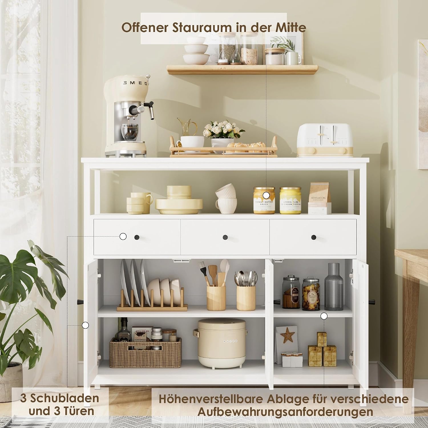 Detalle 2 de FirFurd P030 White Sideboard Storage Cabinet with 3 Doors, 3 Drawers and Adjustable Shelves
