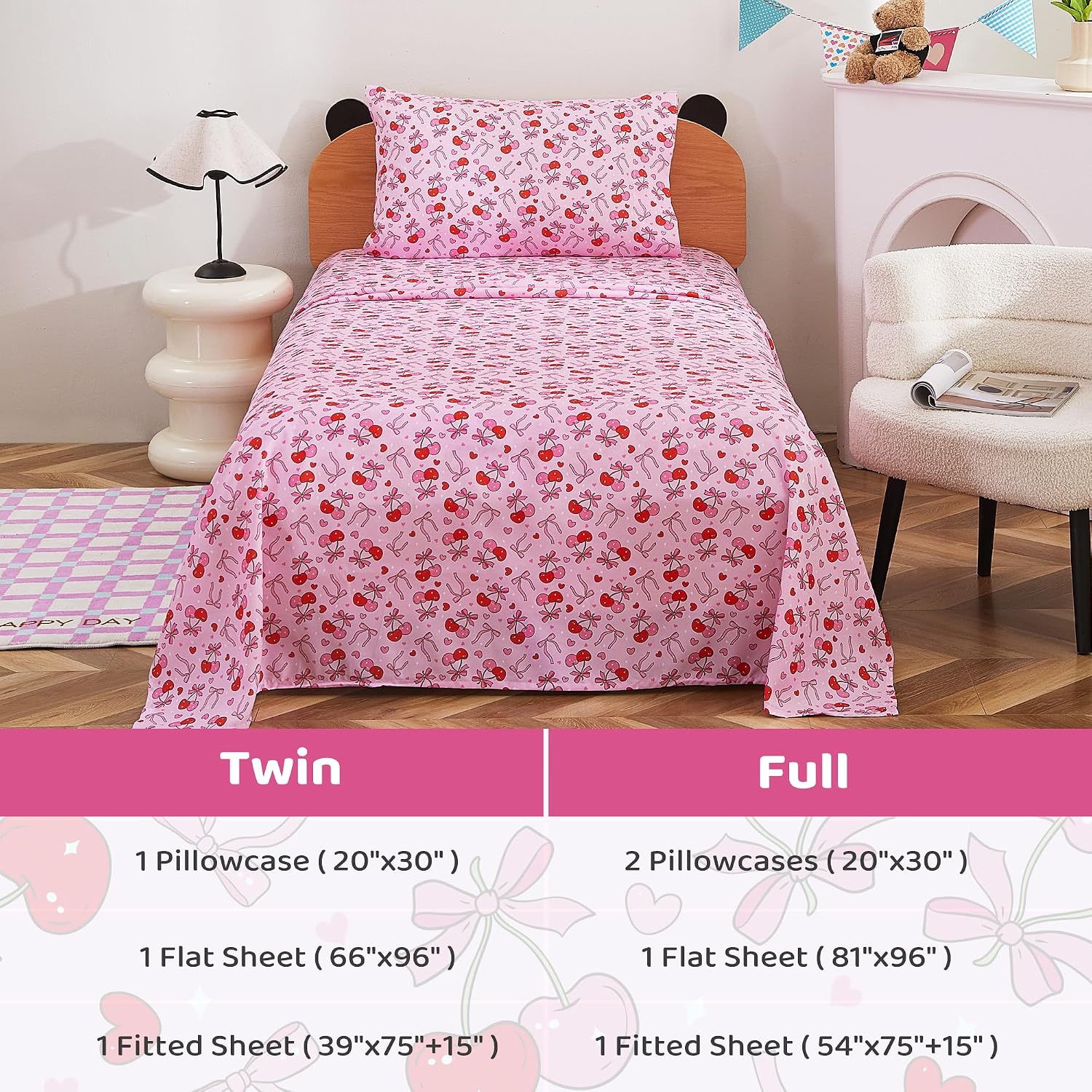 Thumbnail 6 de Viviland Full Sheet Set for Kids, Pink Cherry Bow Microfiber, 15-Inch Pocket