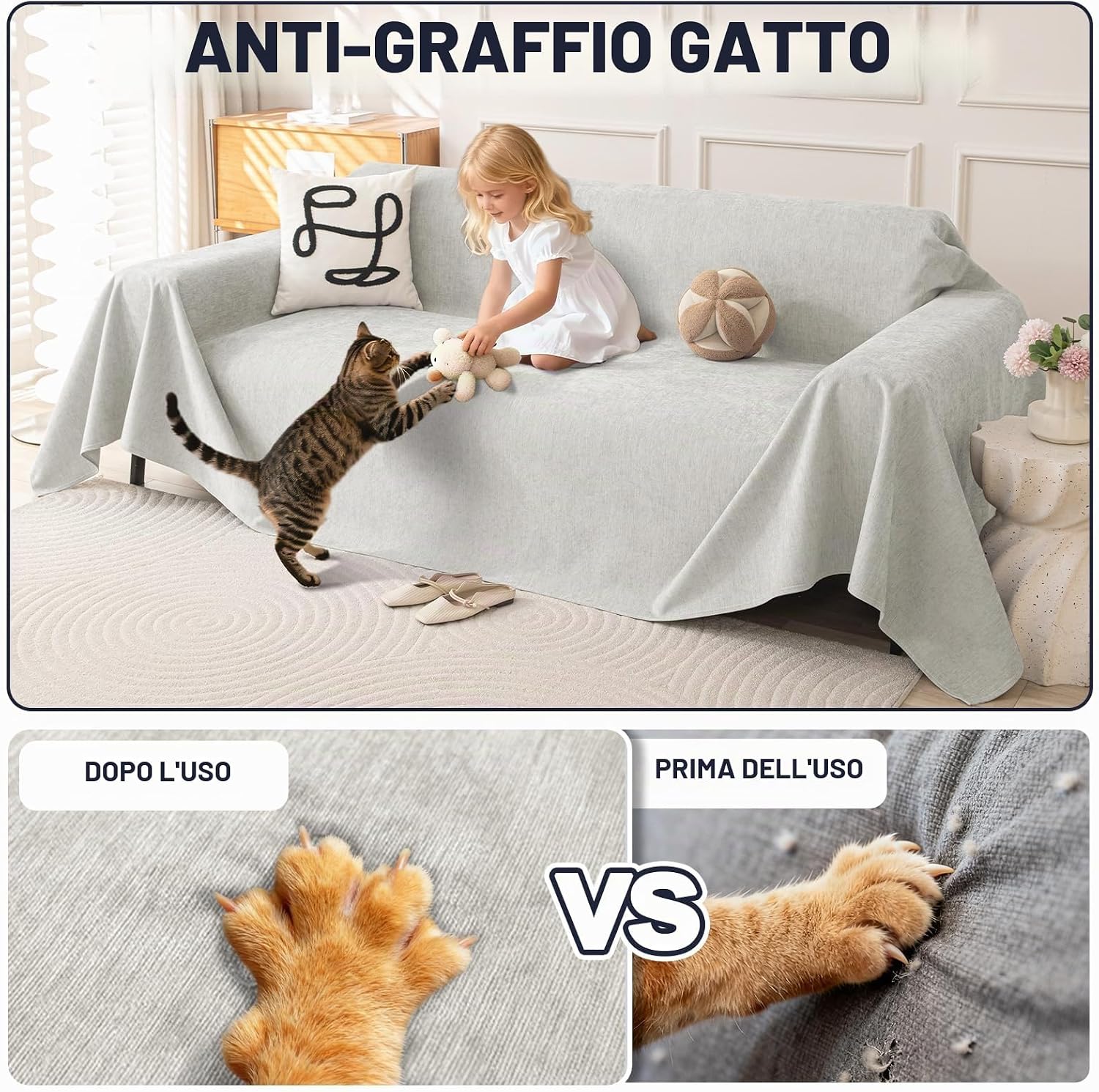 Thumbnail 1 de Royhom Telo Copridivano 4 Posti Impermeabile Antigraffio Grigio Chiaro 180x380 cm